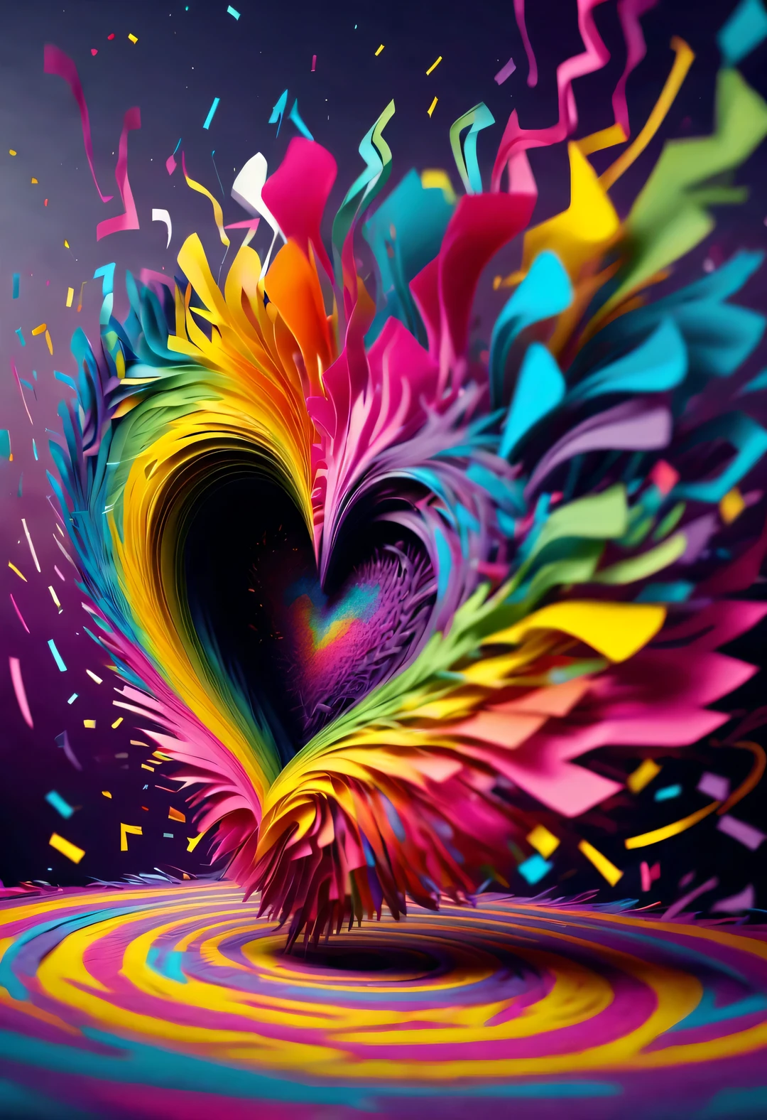 Colorful scraps of paper flutter crazily in the whirlpool，Like a heart, A black hole