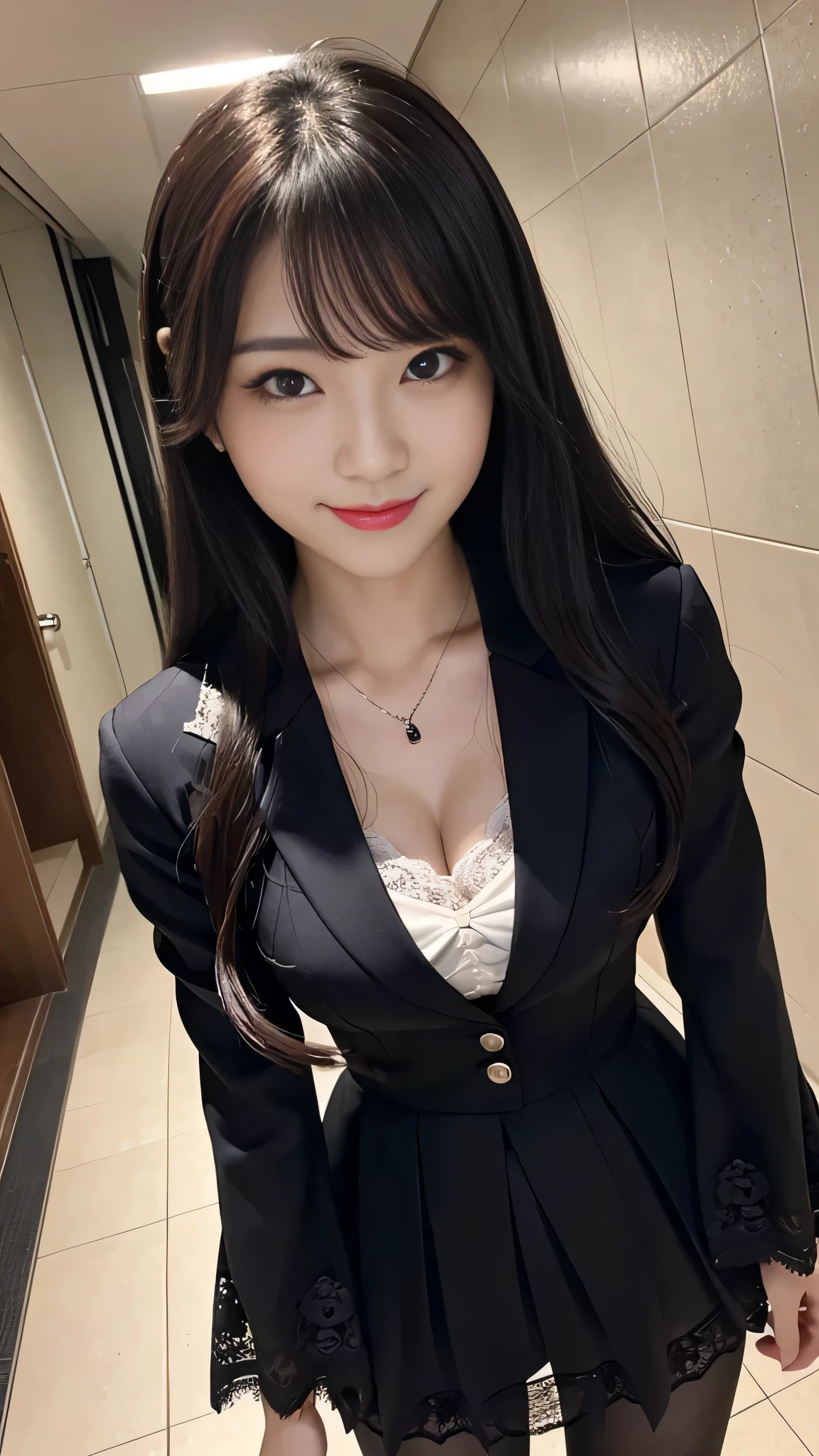 Super detailed、japanese woman、wearing a lace insert dress、flare skirt、charming beauty、seductive adult woman、Dainty woman、clear eyes、cool girl、wavy hair、suit、Black chiffon、wide sleeve、pantyhose、shiny legs、evilの幹部、evil depravity、brainwashing、Mind control、Have lipstick、grin and laugh、邪evilなな表情、evil、empty eyes、邪evilな、High school hallway at night、
