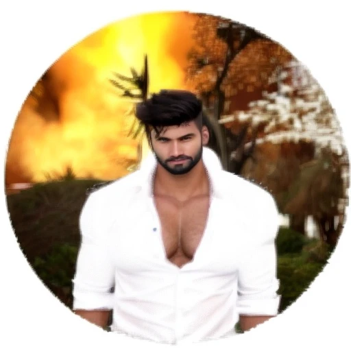 A handsome man with stubble beard, dark tan skin, open white shirt, technoviking male,