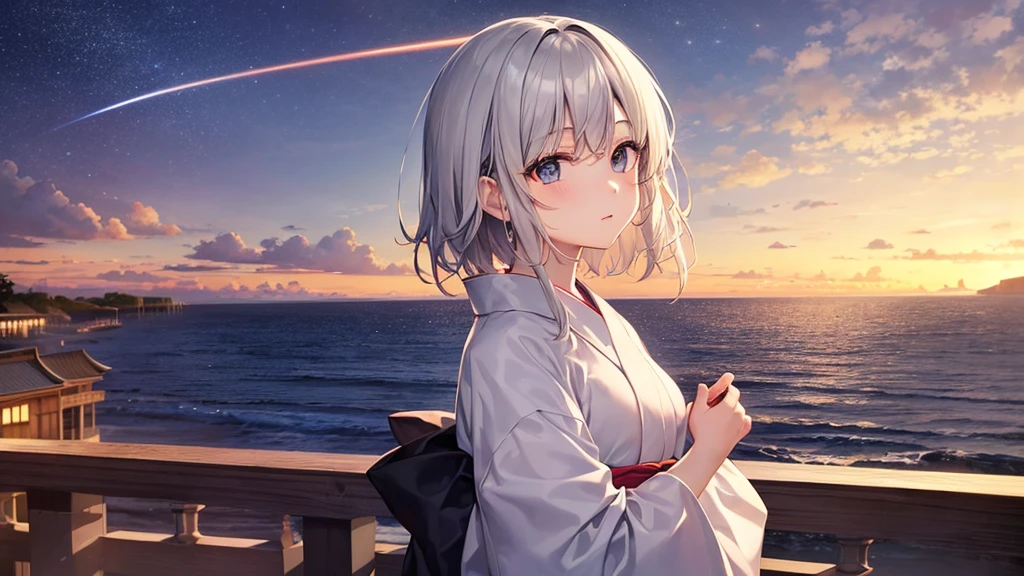 super high quality, with a girl, 20-year-old, very short hair, long bangs between the eyes, gray eyes , (masterpiece、highest quality)、alone、gray hair, black eye, beautiful eyes,white yukata、skyrocket、night、look up at the sky、seaside