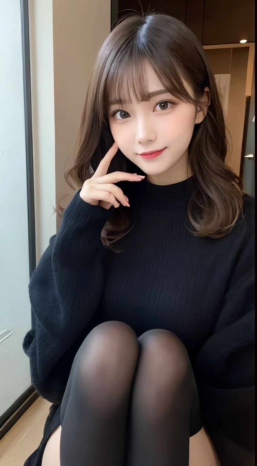 table top, highest quality, shape, Super detailed, finely, High resolution, 8k wallpaper, 完璧なダイナミックな構shape, beautiful and detailed eyes, Gorgeous and stylish black fluffy latest trend Tokyo winter clothes(long sleeve),ランダムなcute髪,small breasts,natural color lip, bold sexy pose,smile、20 year old girl、cute、look at the cameraのセクシーショット,Always blur the background,perfect and beautiful face,Take only the face,beautiful and detailed face、slim face and style,Big eyes、Do gal makeup,real photos、Shot from below the knee、Luxury condominium top floor room、look at the camera、black tights、sexy legs
