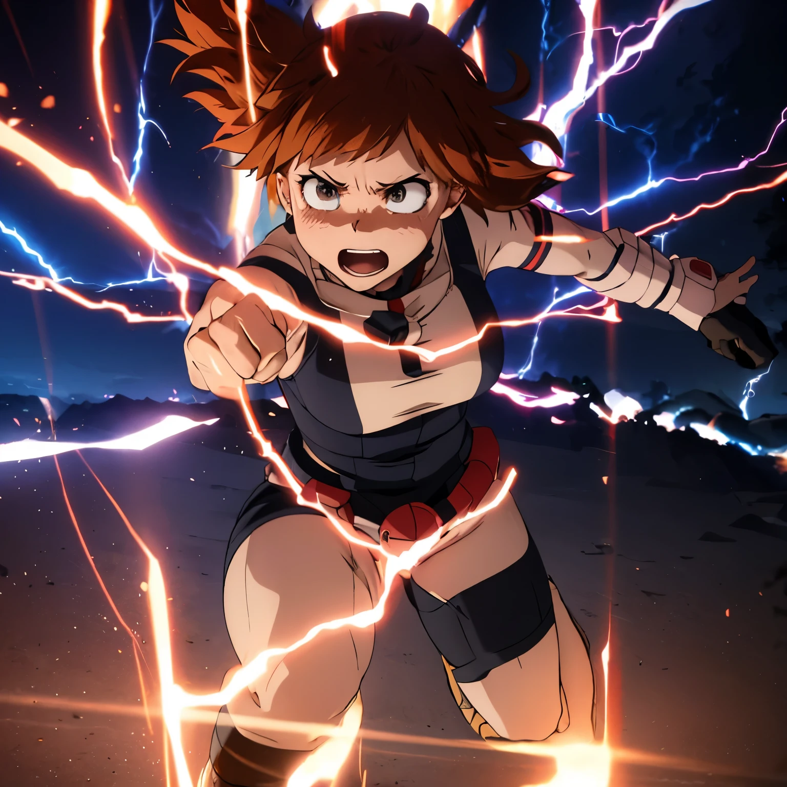 Uraraka dominating Izuku in a fight,  pin, intense grip, focused gaze, determined Uraraka, strong resolve, dynamic action, explosive power, detailed and intricate background, vibrant colors, fierce lighting, anime style, crisp details, high-res rendering, professional quality, masterful composition, intense atmosphere, dramatic perspective, heavy breathing, clenched fists, strained muscles, adrenaline rush, fierce competition, unstoppable force, unyielding determination, electrifying energy, dynamic motion, captivating intensity, powerful expressions, thrilling anticipation, heightened emotions, high-octane clash, climactic showdown, epic battle, heart-pounding tension, stunning impact, ultimate display of strength, intense rivalry, dramatic tension.