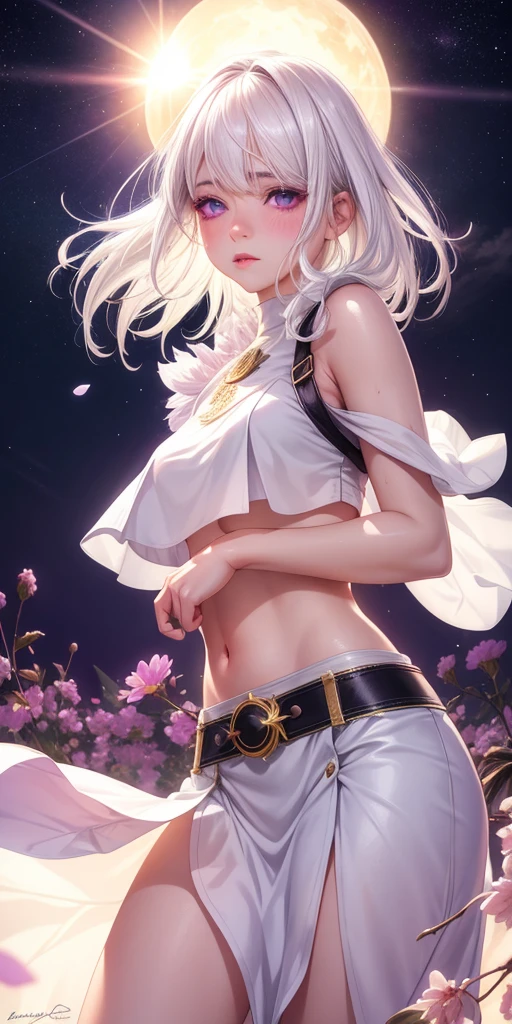 realistic, 1 girl, white hair, purple eyes, shining eyes, crop top, skirt, Chapped lips, Blush, nighttime, flower, sun, sunlight,