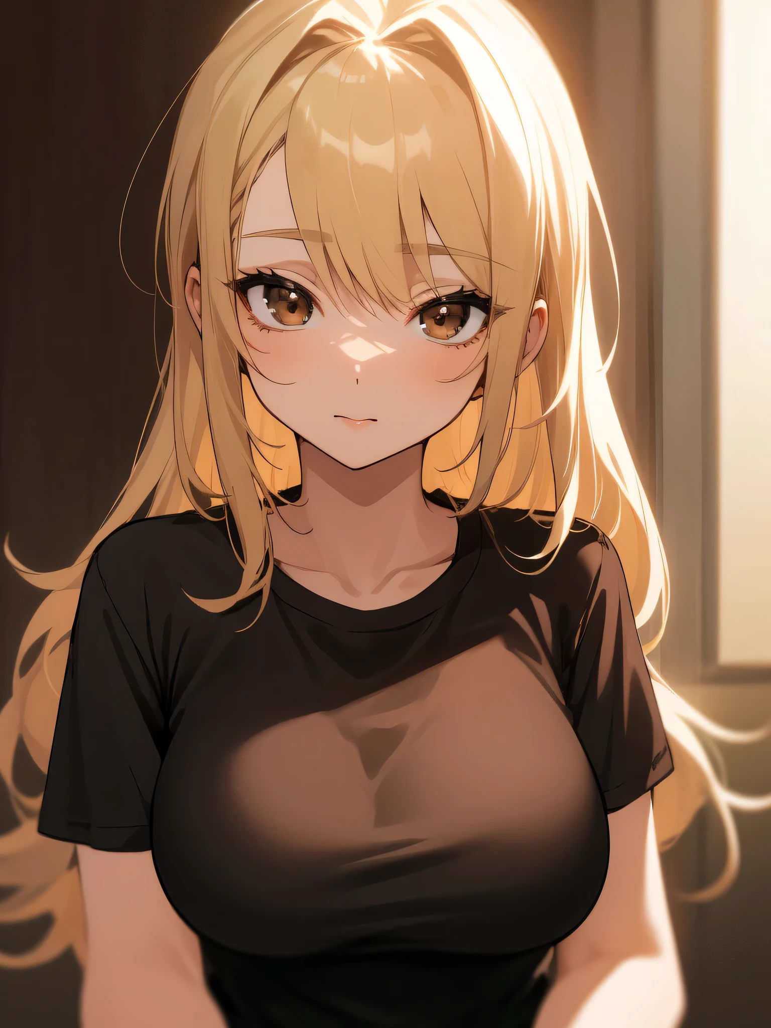 masterpiece, highest quality, Breasts, Only woman, solo, 27 years old, long hair, blonde, brown eyes, big breasts, short sleeve, , , (black shirt), , Upper body, It looks like a love hotel, night