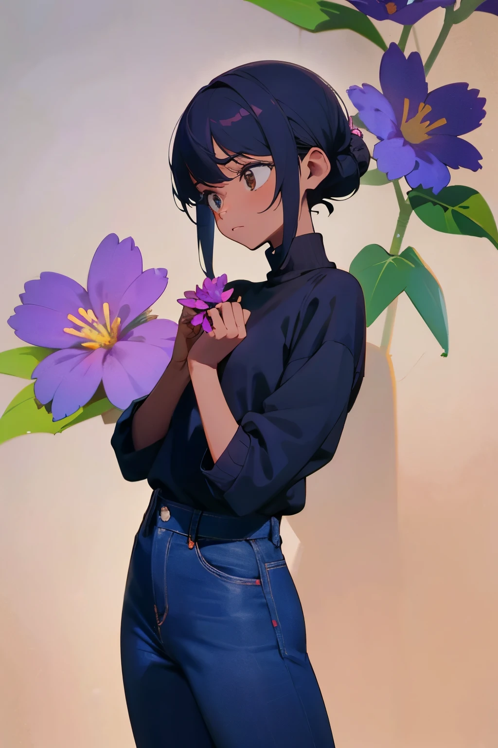 1 character, plain bacground, black woman, black skinned, black hair tied in bun, african american, worried expression, small purple flower in hands, standing pose, grey jeans and purple turtleneck sweater, facing forward, eyes looking into the distance, no posing, brown eyes, very tanned skin, african american, purple turtleneck, brown skin, holding small flower, worried face, scared expression