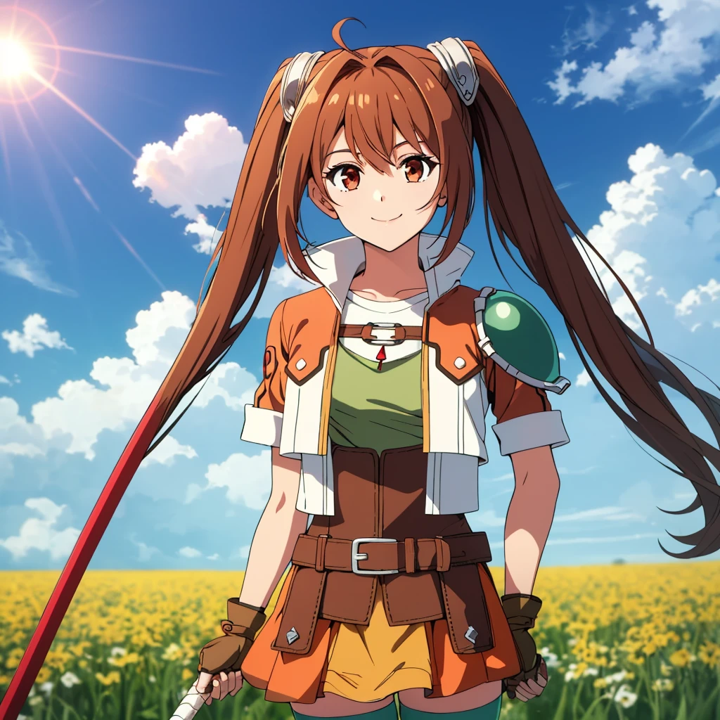 masterpiece, best quality, scEstelle, cropped jacket, green shoulder pad, tan shirt, orange skirt, belt, brown gloves, white thighhighs, upper body, smile, sky, clouds, field, sun, standing, looking at viewer, have a rod