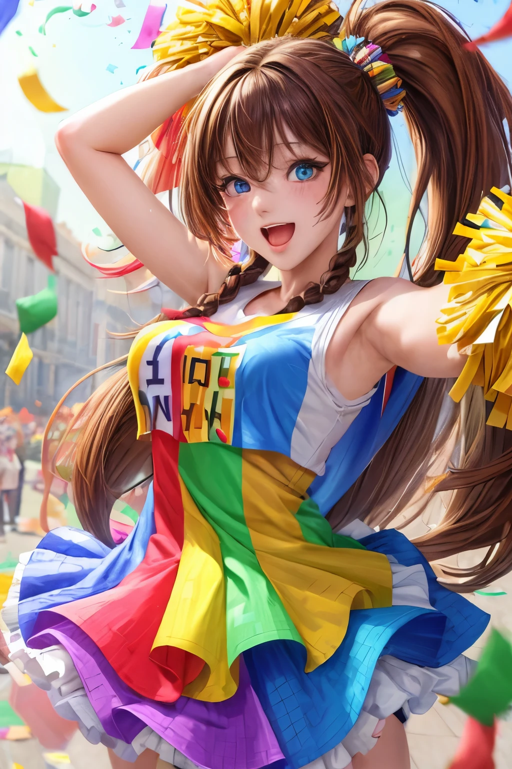 (masterpiece:1.5), illustration, 4k, 8k, (high quality:1.1), highly detailed, detailed face, HDR, vivid colors, natural lighting, pretty eyes, detailed eyes, colorful eyes, beautiful face, 1girl, long hair, messy hair, brown hair, twin braids, scrunchie, hair ornament, cheerleader, sleeveless, t-shirt, pom poms, cheering, standing on the side of a main road, spread arms, ((confetti)), smile, open mouth, establishing shot,(colorful confetti:1.5),