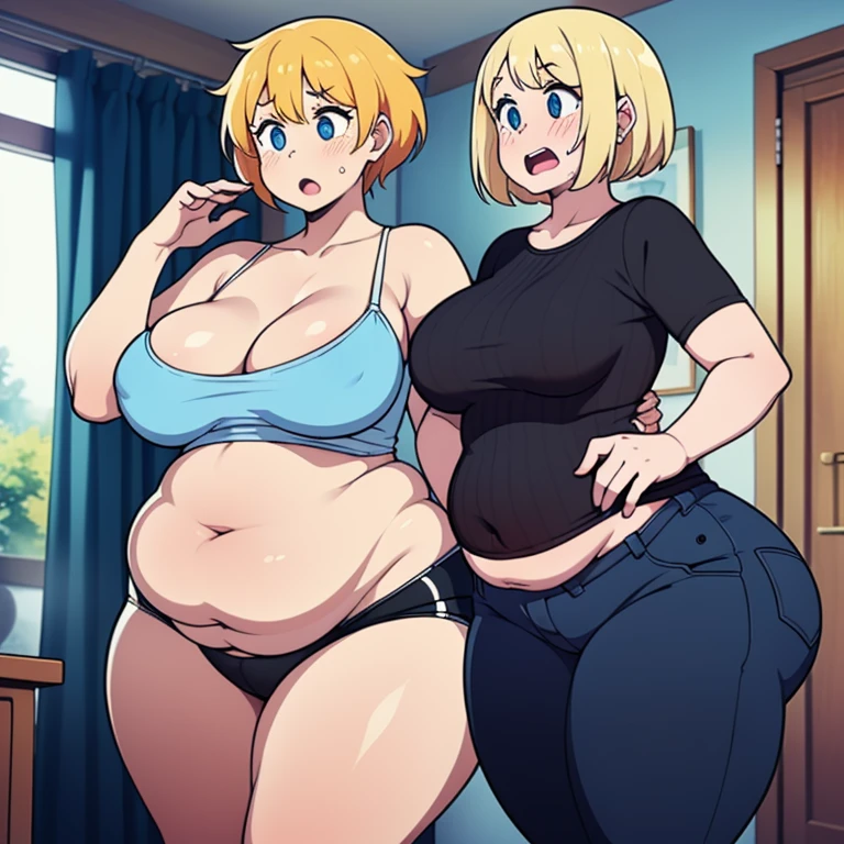 ((digital art)), ((2 girls)), standing, skindentation, (tight clothes), wardrobe malfunction, 1 of the girls is slim and blonde and surprised, ((breasts resting on tummy)), tummy bulge, pudgy, gaining weight