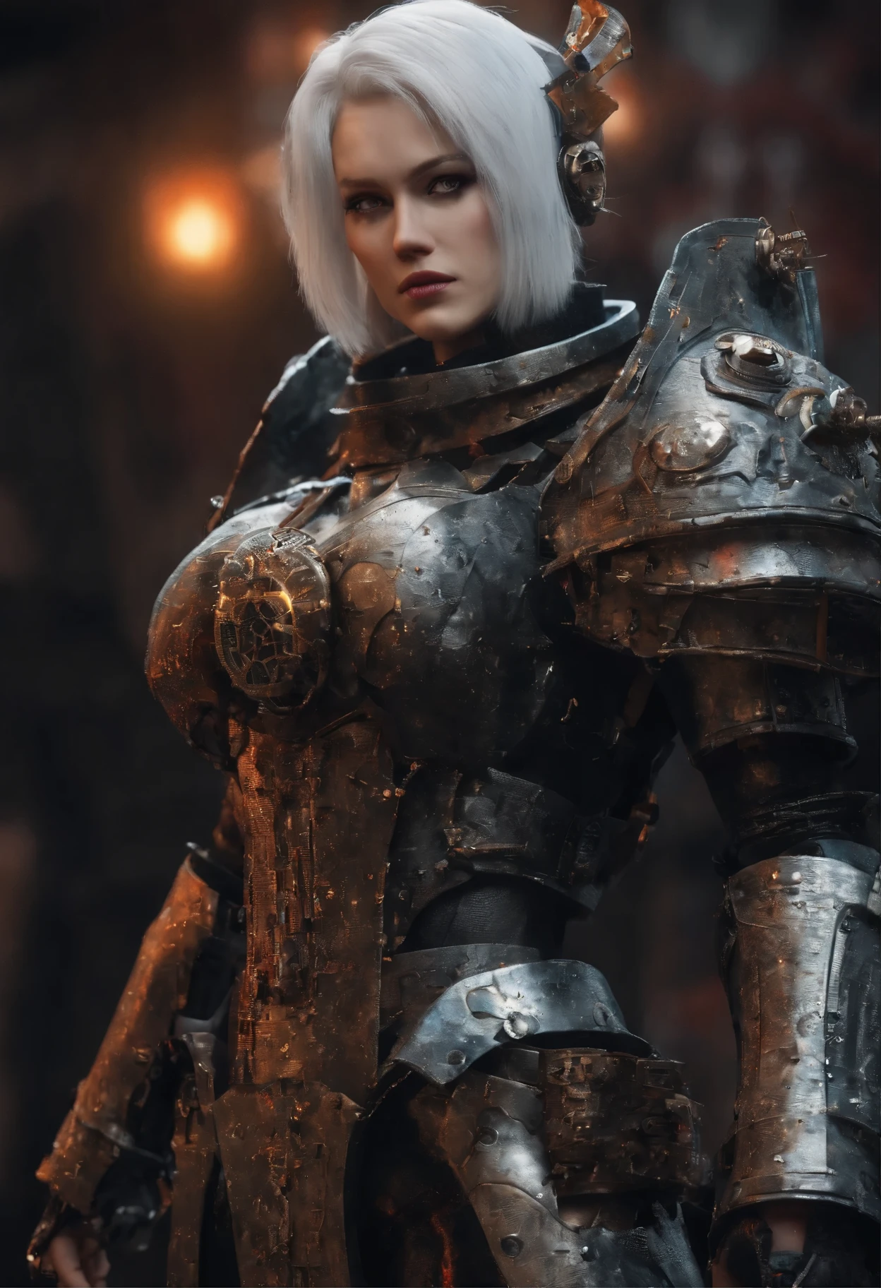 female warrior, adepta sororitas, (best quality:1.6), (bob haircut, white hair), red cape, (warhammer 40k art:1.4), (futuristic power armor:1.2), walking, (background: spacious spaceship hangar, steampunk machinery), (best quality:1.6),beautiful face, (best quality, masterpiece, award winning:1.4),(best quality:1.6), (octane render, depth of field,  vivid colours:1.4), empty hands, (octane render, depth of field:1.7)