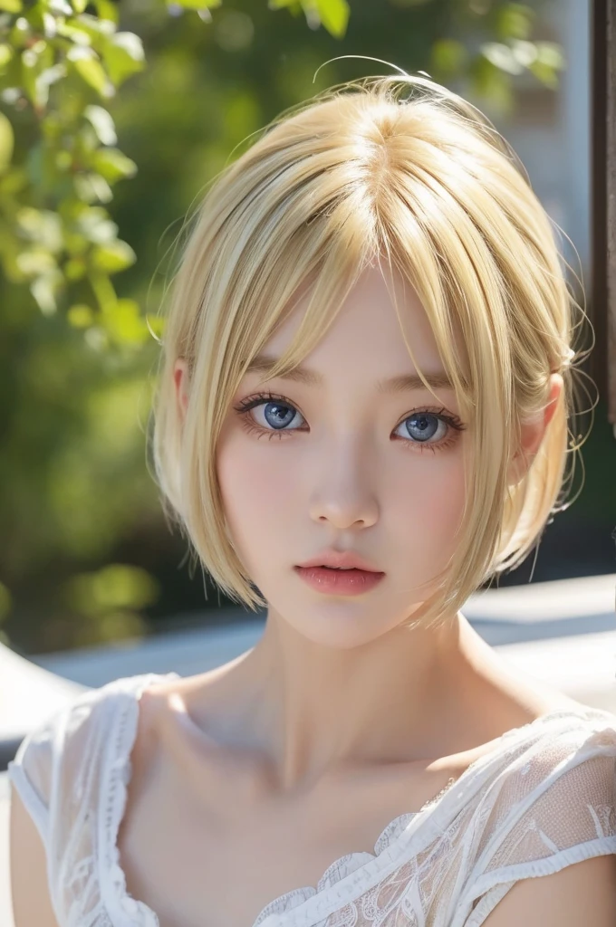 bright look、photorealism、highest quality、Super high resolution、picture、The most beautiful Nordic girls photos、cute and beautiful face details、small face、(Pueros face_v1:0.008)、美しいbangs、17 years old、Shining white skin、顔まで伸びるbangs、bangs、hair between eyes、Charming blonde、thin hair、Medium(blonde, short hair:1.3)、Charming shining beautiful bright clear light blue big eyes、High West、eyeliner、double eyelid、ample breasts、valley dress