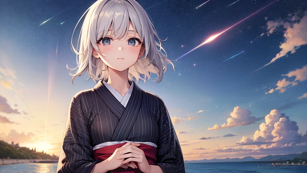 super high quality, with a girl, 20-year-old, very short hair, long bangs between the eyes, gray eyes , (masterpiece、highest quality)、alone、gray hair, black eye, beautiful eyes,white yukata、skyrocket、night、look up at the sky、seaside