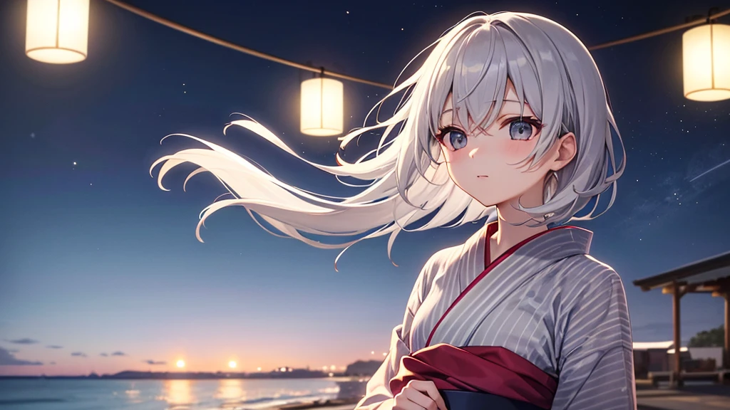 super high quality, with a girl, 20-year-old, very short hair, long bangs between the eyes, gray eyes , (masterpiece、highest quality)、alone、gray hair, black eye, beautiful eyes,white yukata、skyrocket、night、look up at the sky、seaside