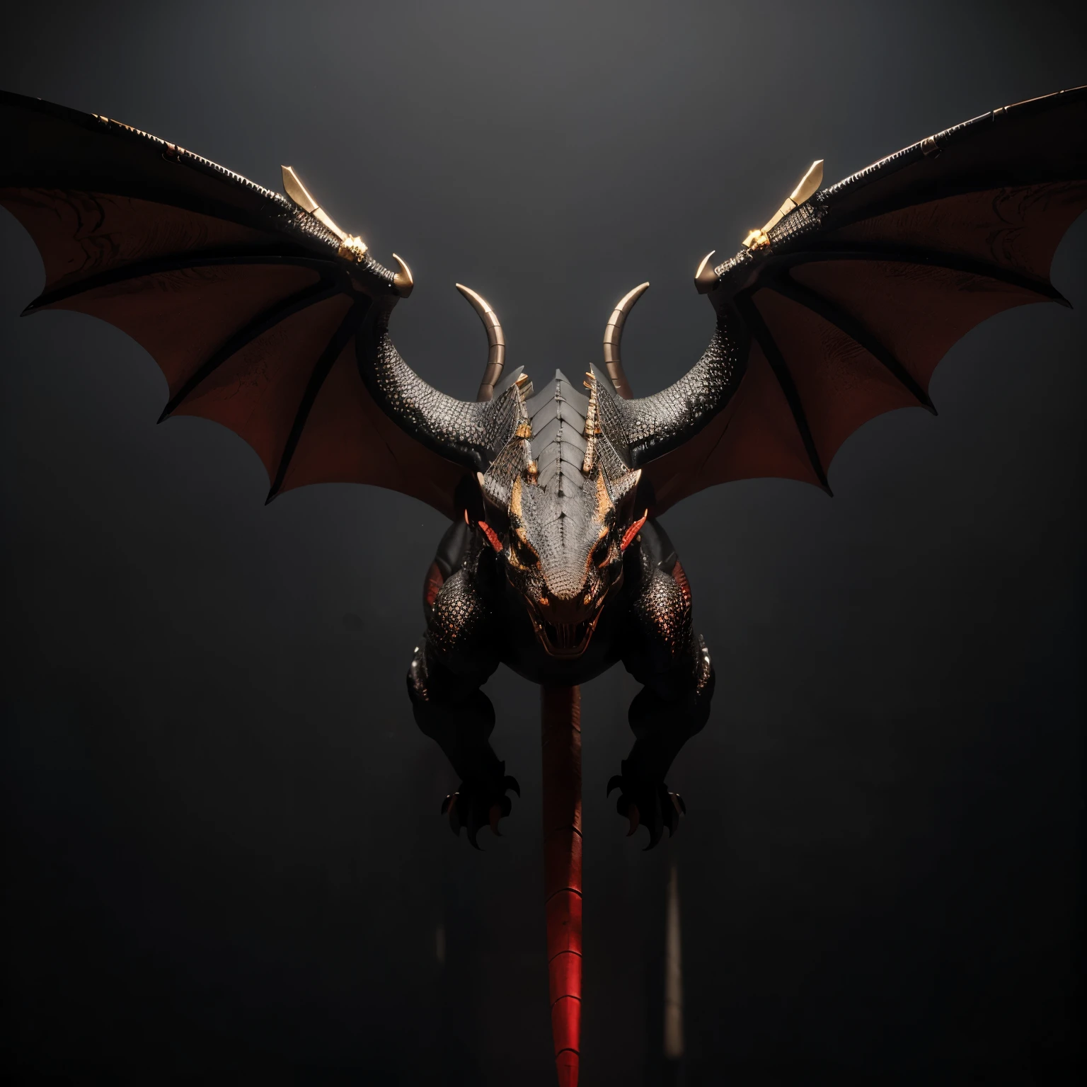 Create a realistic 4D image of a dragon made of steel. Highly detailed pattern, black-gray, red-gold, flying, angry, elegant, white background.