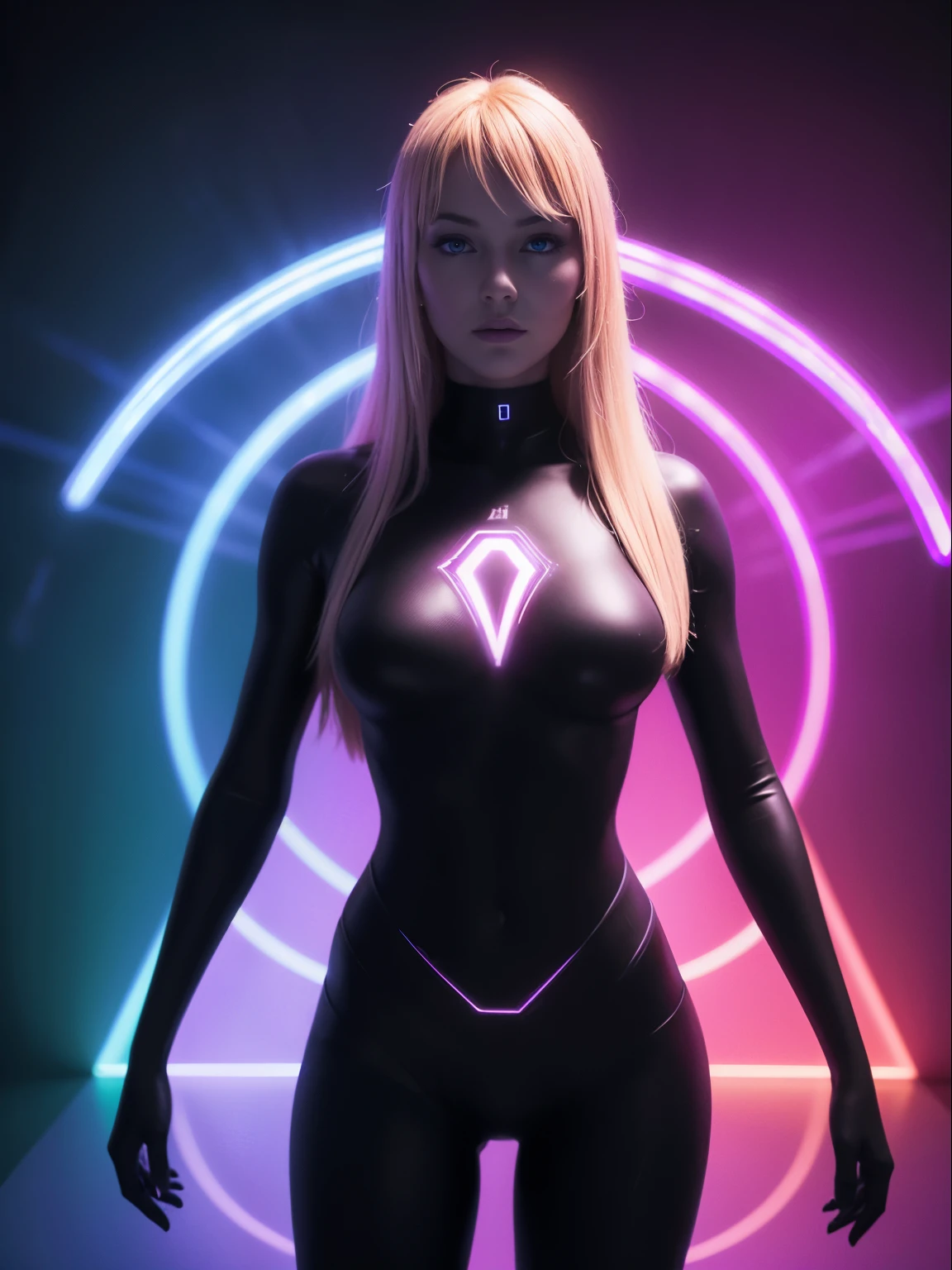 Full body shot of a (3DMM picture of a woman, (3 d depth of field: 1.4)) in a 3 d picture frame, 3DMM frame of lights, illusion of disappearing to infinity, RGB led point lights disappear inward from edge, infinity mirror, 3 d neon art of a womens body, psychedelic photoluminescent, vivid!!, psychedelic lighting, psychedelic black light, by Jon Coffelt, lsd visuals, neon version of style jim burns, ledspace, skin made of led point lights, RGB led effects, blonde straight hair