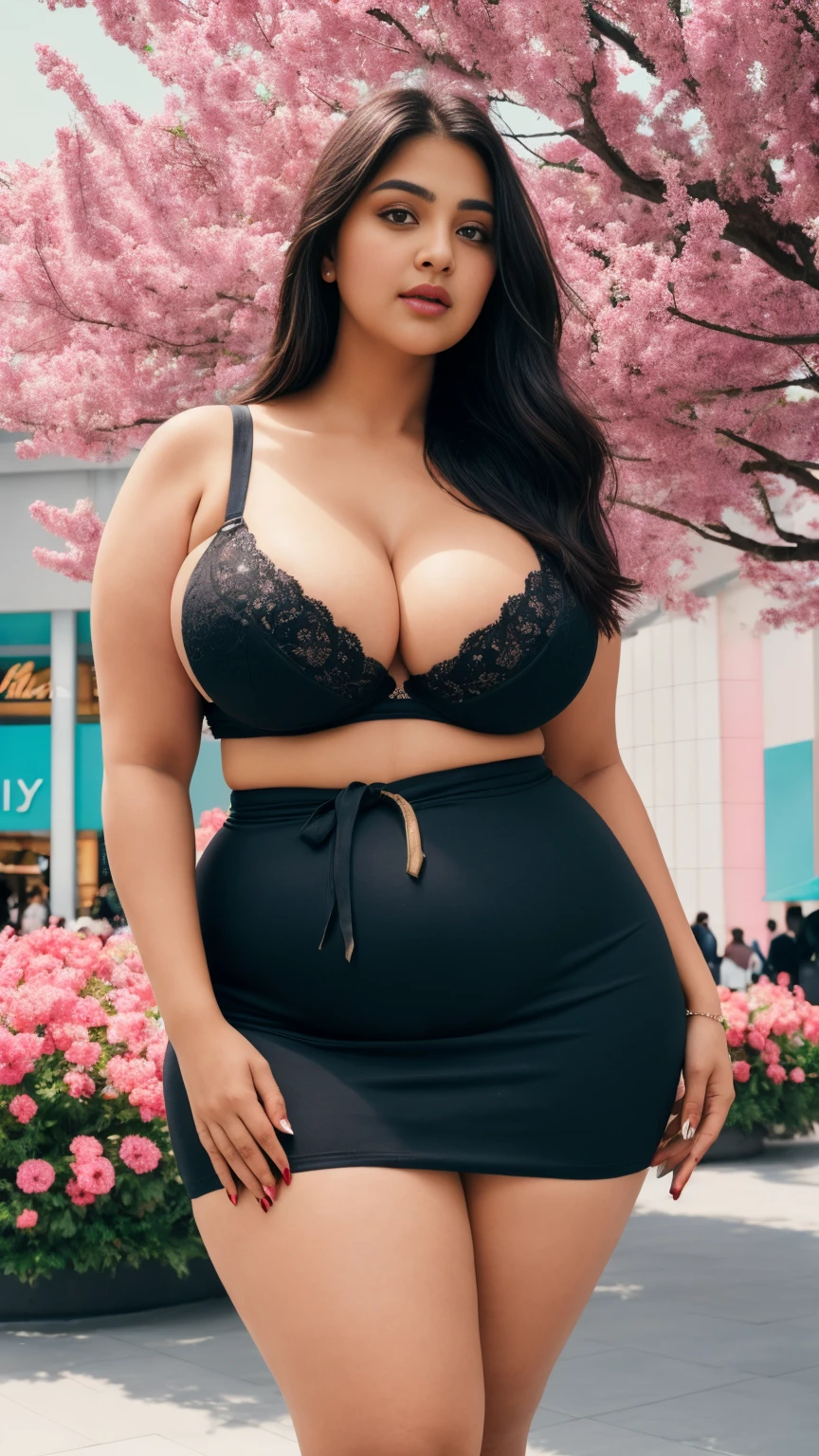 tiktok photo of 37 years old bengali curvy plus size woman in standing position head to thigh view, big m-cup breasts, she has a jiggly fat round belly, thick body, curvy plus size figure,big m-cup breasts , big m-cup breasts,cleavage, cleavage, big waist, big hips, sexy curve,front facing to camera, closeup, RAW, masterpiece, realistic, hyper realistic, muted color, film grain, looking at viewer, polo's pastel perfection looking 80s casual soft collars, fascinating, wearing Magenta dress flower, beautiful shopping mall background