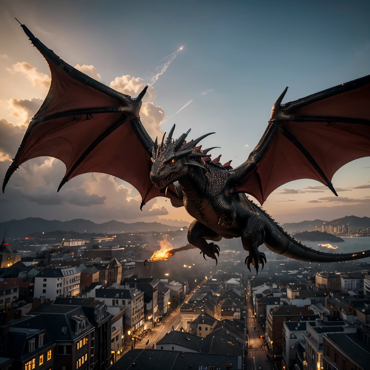 Create a realistic 4k image of a European dragon, black-gray, red-gold, flying angrily, destroying the city, white background.