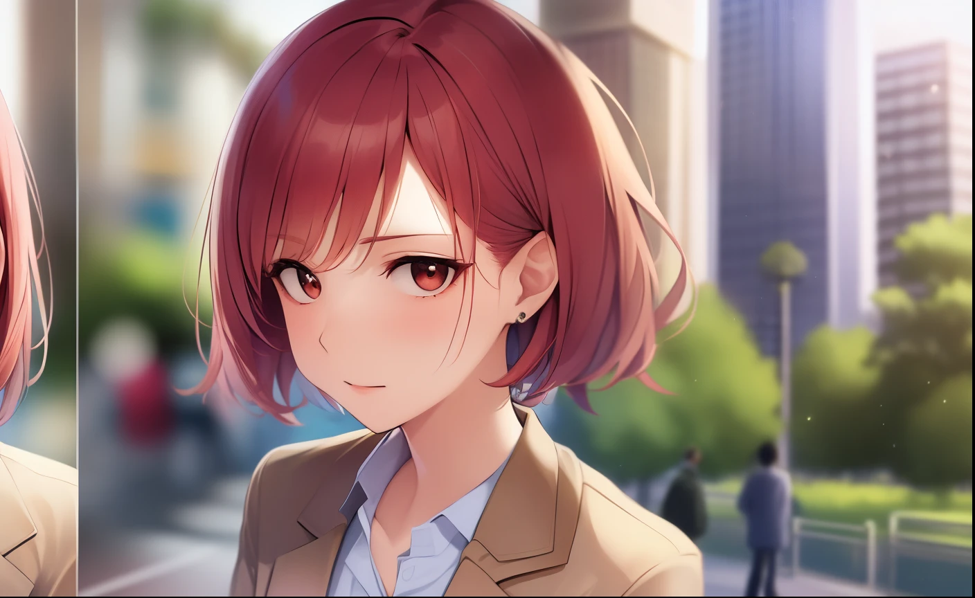 The background is a park、wearing a beige suit、