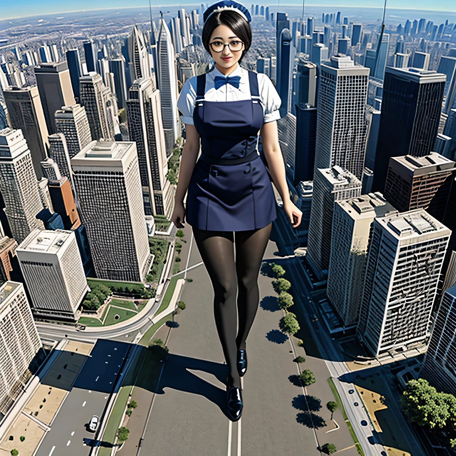 multiple girls, Giantの芸術, 非常に詳細なGiantショット, Giant, short hair, A maid that is much bigger than a skyscraper, wearing rimless glasses, big breasts, big ass, navy maid uniform, black pantyhose, black shoes, very small metropolis, miniature metropolis, crush the big city, A city engulfed in flames, full body description, ＧＴＳ, ギガGiant, Stomping City, crash city, Small town, micro city, maid, 