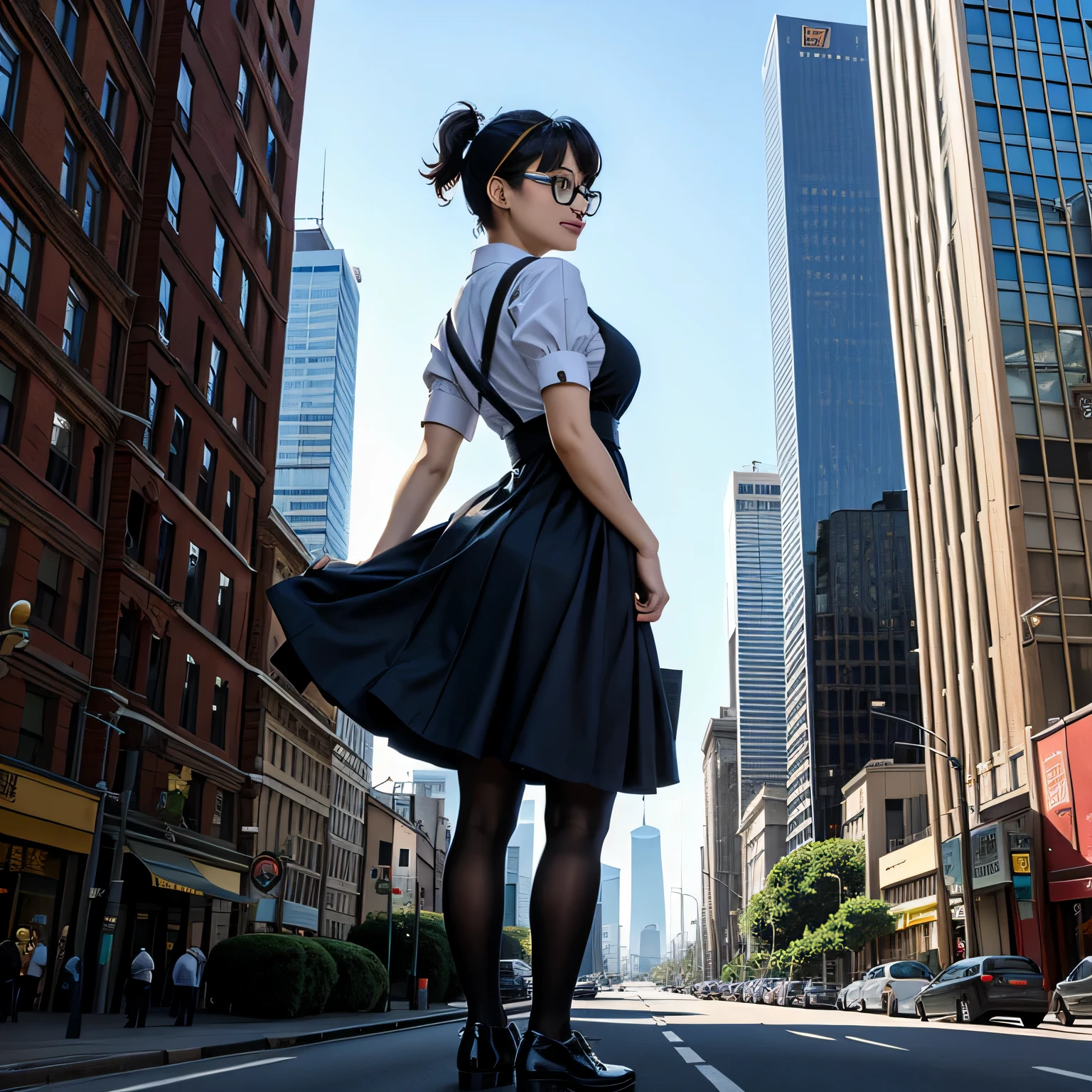 multiple girls, Giantの芸術, 非常に詳細なGiantショット, Giant, short hair, A maid that is much bigger than a skyscraper, wearing rimless glasses, big breasts, big ass, navy maid uniform, black pantyhose, black shoes, very small metropolis, miniature metropolis, crush the big city, A city engulfed in flames, full body description, ＧＴＳ, ギガGiant, Stomping City, crash city, Small town, micro city, maid, 