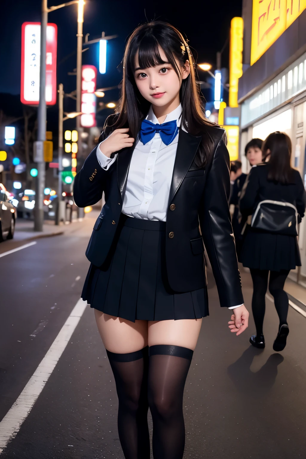 low angle shot、big breasts、Shoes are visible、super treet snap、tall, A baby-faced gal woman wearing a short skirt and bow tie is standing in a neon street at night、high school student、Thin calf、japanese girl、Winter clothes、Wearing Japanese school uniform、Japanese school black uniform、Wearing a surreal high school uniform、girl in uniform、Wearing a dark blue uniform、Full body Esbian、nice skin、glowing skin、nice thighs、(micro hining thighs、Plump thighs、She wears black tights that show her skin、leather shoes、Japanese high school 、Nogizaka Idol、inviting eyes