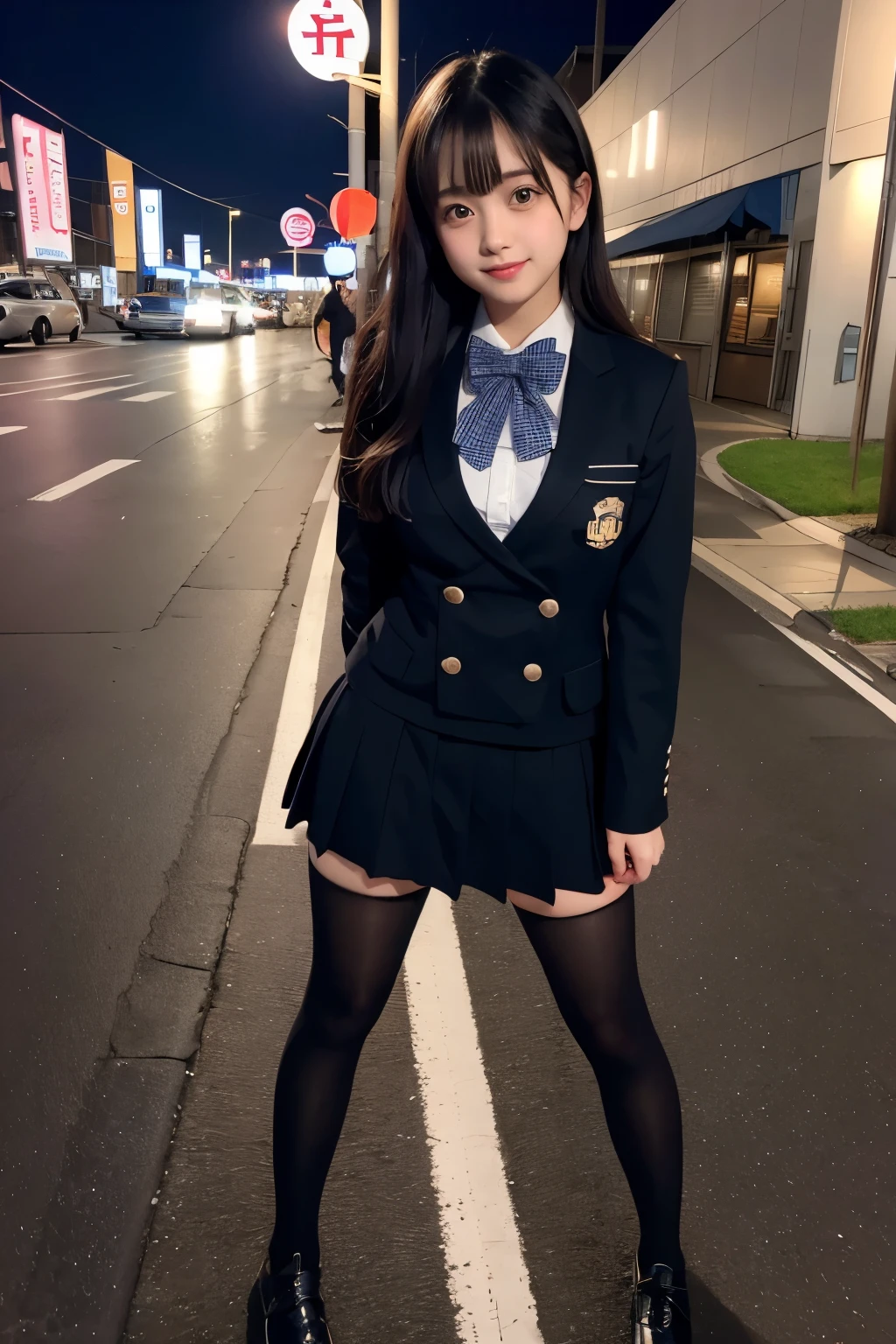 low angle shot、big breasts、Shoes are visible、super treet snap、tall, A -face woman wearing a short skirt and bow tie is standing in a neon street at night、high school student、Thin calf、japanese girl、Winter clothes、Wearing Japanese school uniform、Japanese school black uniform、Wearing a surreal high school uniform、girl in uniform、Wearing a dark blue uniform、Full body Esbian、nice skin、glowing skin、nice thighs、(micro hining thighs、Plump thighs、She wears black tights that show her skin、leather shoes、Japanese high school 、Nogizaka Idol、inviting eyes