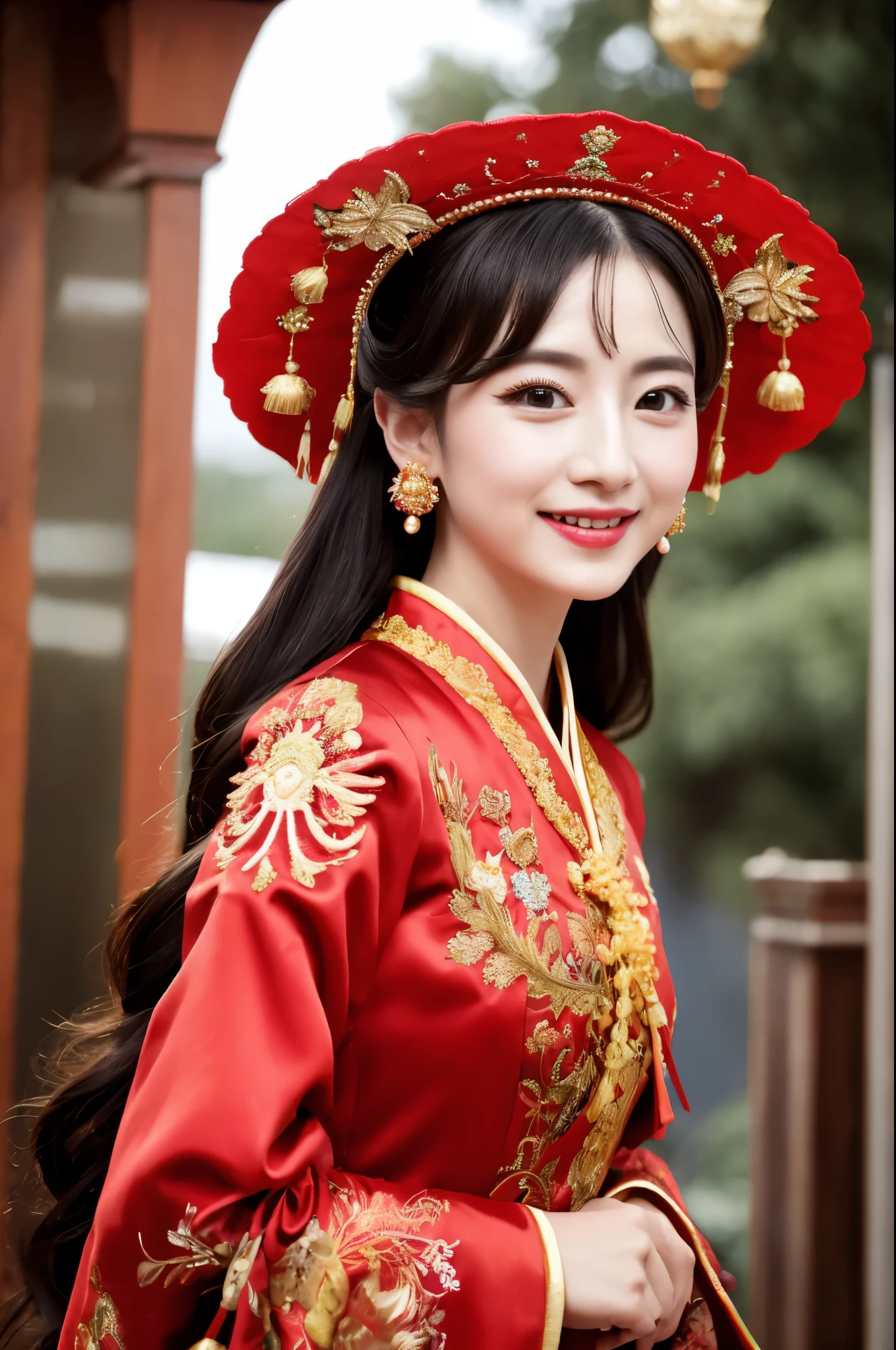 (8k, RAW Photo, Best Quality, Masterpiece: 1.2), (Realistic, Realistic: 1.37), 1 Girl, Woman in Red Dress and Headdress Posing for Photo, Gorgeous Role Play, Beautiful Costume, Chinese Dress, Complex Dress, Complex Costume, Traditional Beauty, Gorgeous Japanese Model, Chinese Costume, Wearing Gorgeous Costume, Wearing Elegant Chinese Xiuhe Dress, Chinese Wedding Dress, Phoenix Crown Xia Hanging, Antique Bride, Xiuhe Costume, Close Up, Wearing Phoenix Crown, Smile, No Watermark, Dragon and phoenix embroidered dress