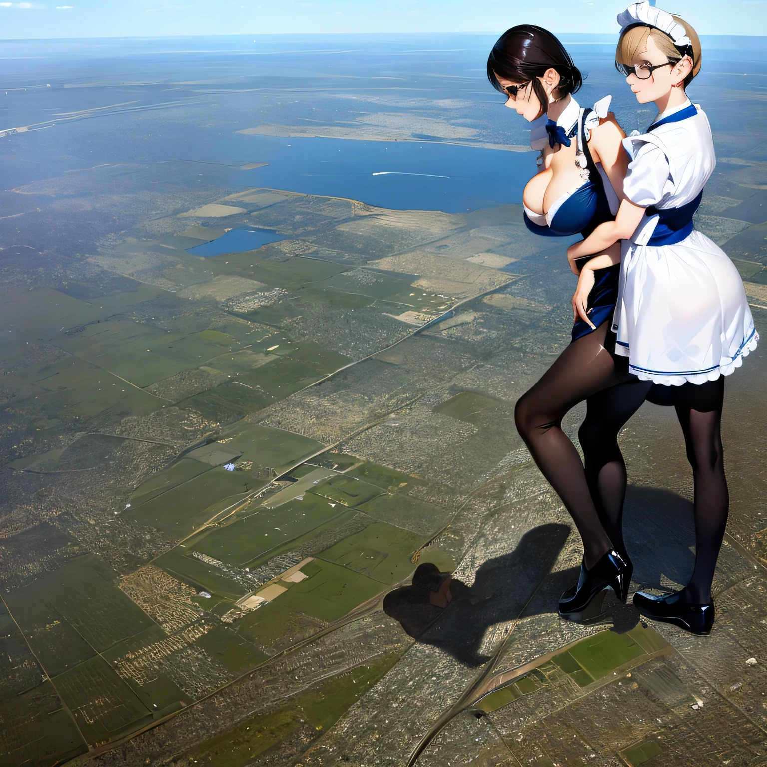 multiple girls, Giantの芸術, 非常に詳細なGiantショット, Giant, short hair, A maid that is much bigger than a skyscraper, wearing rimless glasses, , big , navy maid uniform, black pantyhose, black shoes, very small metropolis, miniature metropolis, crush the big city, A city engulfed in flames, full body description, ＧＴＳ, ギガGiant, Stomping City, crash city, Small town, micro city, maid, 