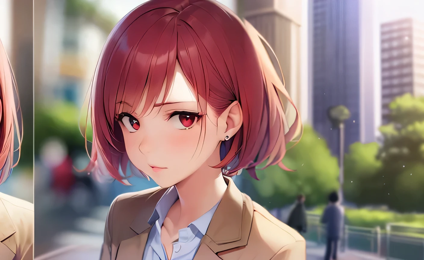 The background is a park、wearing a beige suit、