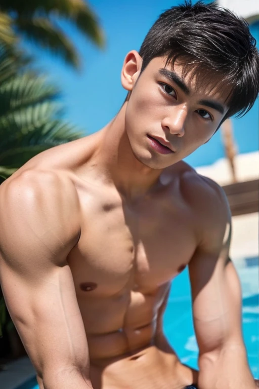 Asian boy in a briefs, Full Body Shoot, Quiff haircut, look at camera, detailed facial parts, Manly, Bad Boy, Pool background, Sexy Pose, sex manaice, perfect anatomy, symmetric body, asian boy 19 years old, shirtless :: high detail, asian, sexual, a little six packs attractive body, realistic, human skin, Short Hairstyle, handsome chad chin, shirtless, handsome, attractive, sexy boy, Pubic hair, masculine, sexually attractive, human skin, (eyes contact), No Gay, Handsome, Attractive, big bulge in briefs