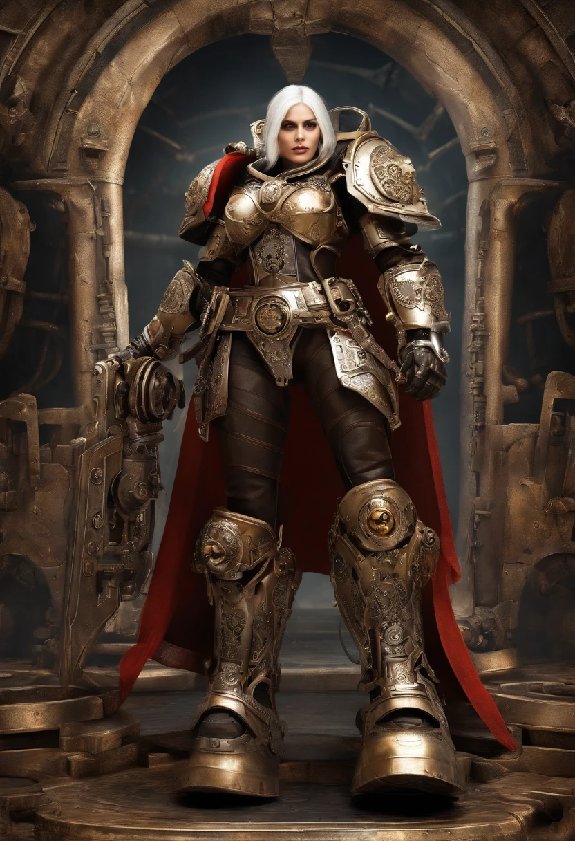 female warrior, adepta sororitas, (best quality:1.6), (bob haircut, white hair), red cape, (warhammer 40k art:1.4), (futuristic power armor:1.2), walking, (background: spacious spaceship hangar, steampunk machinery), (best quality:1.6),beautiful face, (best quality, masterpiece, award winning:1.4),(best quality:1.6), (octane render, depth of field, vivid colours:1.4), empty hands, (octane render, depth of field:1.7)