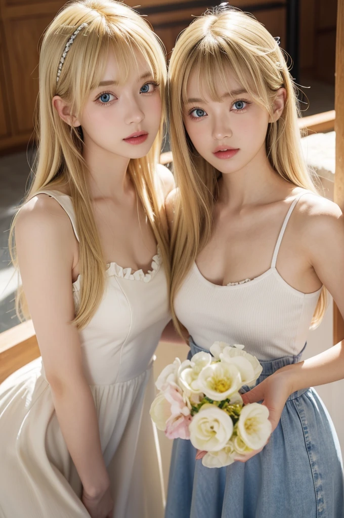 bright look、photorealism、highest quality、Super high resolution、picture、The most beautiful Nordic girls photos、cute and beautiful face details、small face、(Pueros face_v1:0.008)、美しいbangs、、Shining white skin、顔まで伸びるbangs、bangs、hair between eyes、Charming blonde、thin hair、(blonde, medium hair:1.3)、Charming shining beautiful bright clear light blue big eyes、High West、eyeliner、double eyelid、ample breasts、valley、sleeveless dress(black,frills)