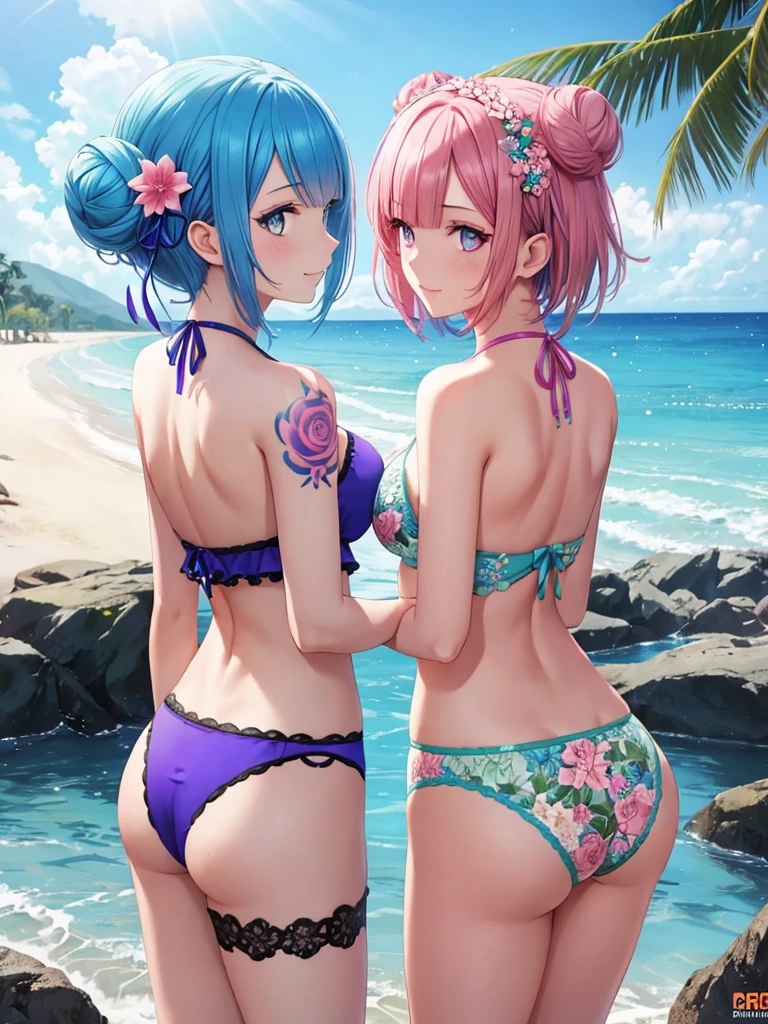 (high quality),Re:zero,(2 girls(One has blue hair,One has pink hair),short hair,blue and yellow eyes,very beautiful girl), frontal pose,back view, cute, shy, detailed hairstyle, lace detail, garter belt, walk, play, Rainbow Bikini, beach background, dark makeup, tattoo, Beautiful buttocks,Tattoo on the back, Flower details and back bun, modest smile, fine eyes, intricate details, octane rendering, 8K