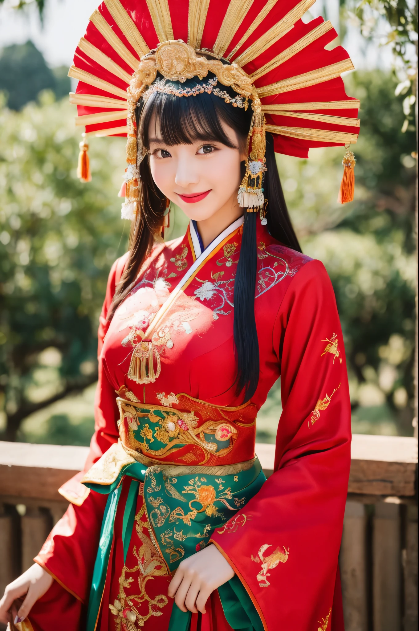 (8k, RAW Photo, Best Quality, Masterpiece: 1.2), (Realistic, Realistic: 1.37), 1 Girl, Woman in Red Dress and Headdress Posing for Photo, Gorgeous Role Play, Beautiful Costume, Chinese Dress, Complex Dress, Complex Costume, Traditional Beauty, Gorgeous Japanese Model, Chinese Costume, Wearing Gorgeous Costume, Wearing Elegant Chinese Xiuhe Dress, Chinese Wedding Dress, Phoenix Crown Xia Hanging, Antique Bride, Xiuhe Costume, Close Up, Wearing Phoenix Crown, Smile, No Watermark, Dragon and phoenix embroidered dress