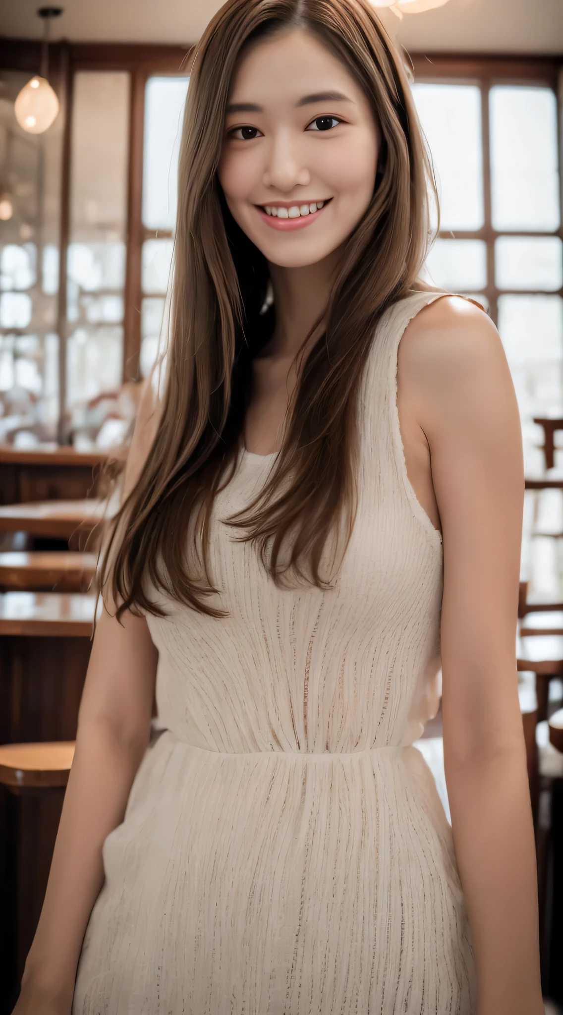 ((Best Quality, 8K, Masterpiece: 1.3)), 1girl, Slim Abs Beauty: 1.3, Big Breasts: 1.2), Dress: 1.1, Super Fine Face, Delicate Eyes, Double Eyelids, Smile, coffee shop
