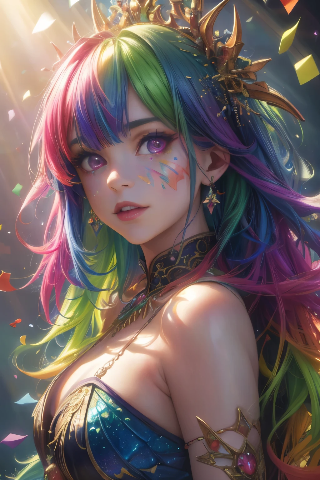 (best quality,4k,8k,highres,masterpiece:1.2), ultra-detailed, (realistic,photorealistic,photo-realistic:1.37), digital portrait of a very colorful rainbow dragon, iridescent scales, confetti background, vibrant colors, sharp focus, vivid details,(colorful confetti:1.5), studio lighting, bokeh, fantasy creature, mythical beast, majestic presence, intricate details, ethereal atmosphere, awe-inspiring, mystical aura, vibrant and mesmerizing, breathtaking artwork