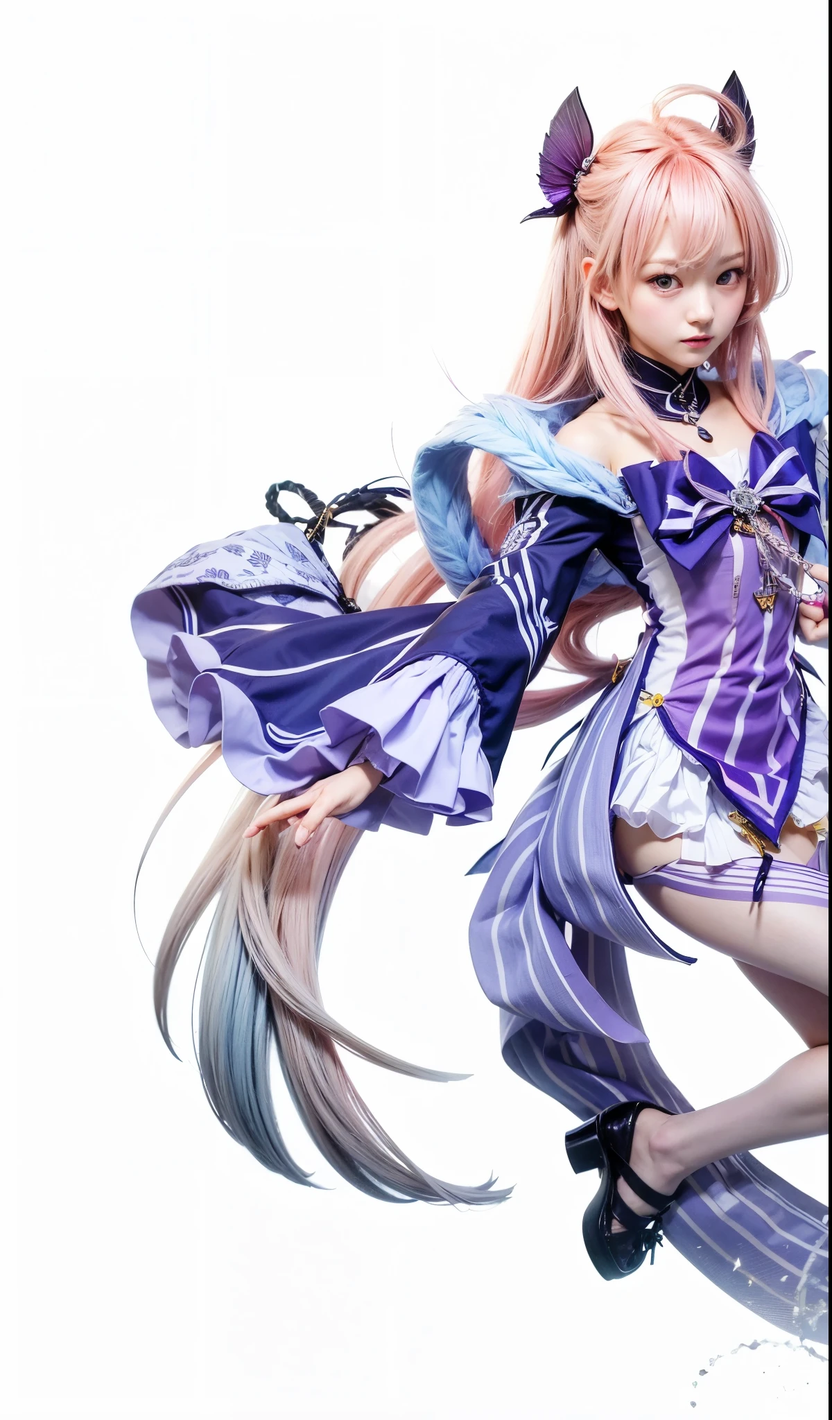 Sangonomiya kokomi, genshin impact, inazuma, female, age, pink hair, busty, purple eyes, purple dress, gradient purple shawl, purple ribbon on chest, light purple stocking, purple shoe