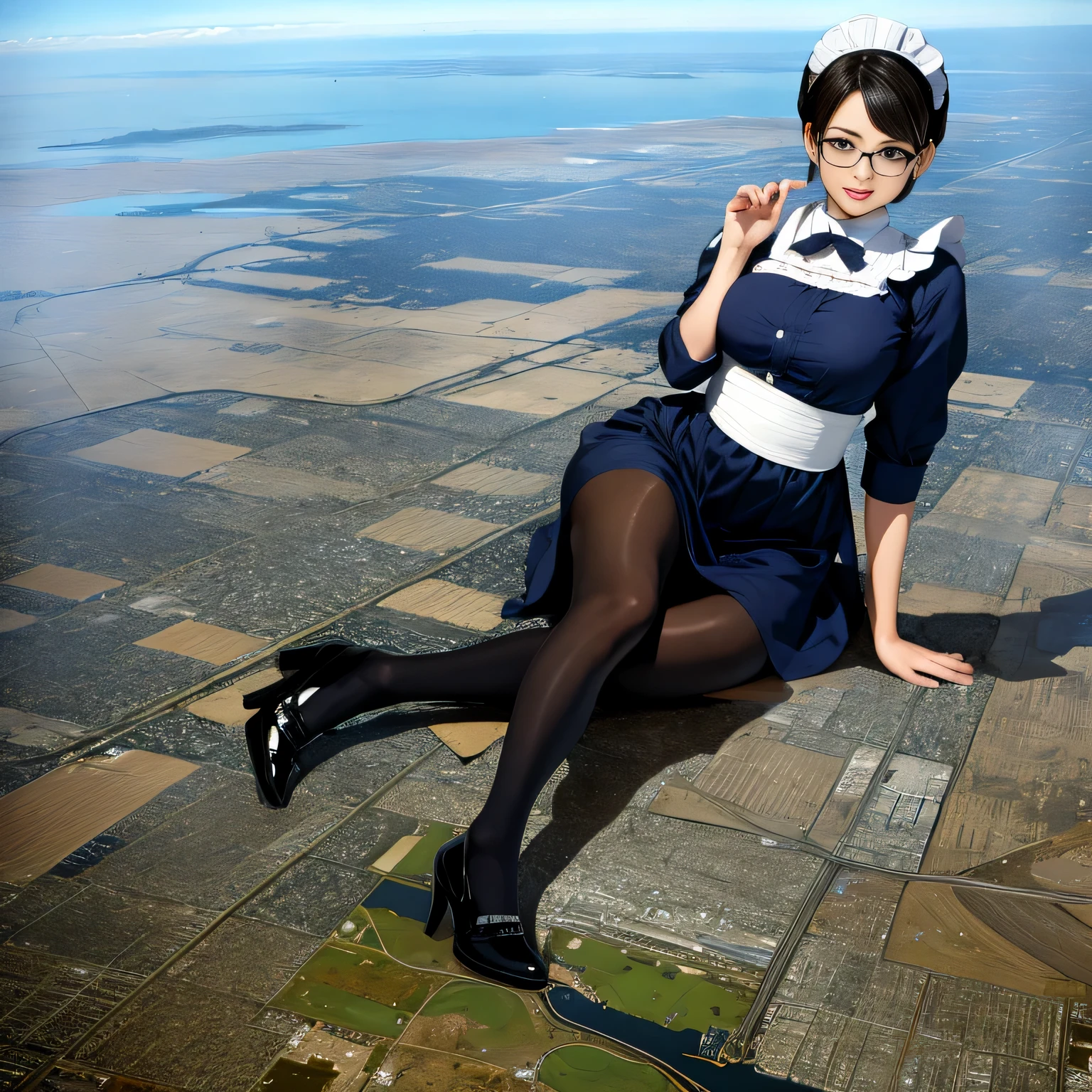 multiple girls, Giantの芸術, 非常に詳細なGiantショット, Giant, short hair, A maid that is much bigger than a skyscraper, wearing rimless glasses, big breasts, big ass, navy maid uniform, black pantyhose, black shoes, very small metropolis, miniature metropolis, crush the big city, A city engulfed in flames, full body description, ＧＴＳ, ギガGiant, Stomping City, crash city, Small town, micro city, maid, 