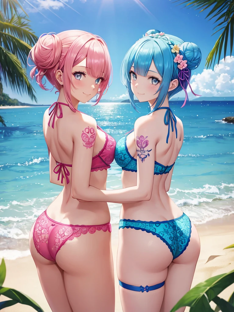 (high quality),Re:zero,(2 girls(One has blue hair,One has pink hair),short hair,blue and yellow eyes,very beautiful girl), frontal pose,back view, cute, shy, detailed hairstyle, lace detail, garter belt, walk, play, Rainbow Bikini, beach background, dark makeup, tattoo, Beautiful buttocks,Tattoo on the back, Flower details and back bun, modest smile, fine eyes, intricate details, octane rendering, 8K