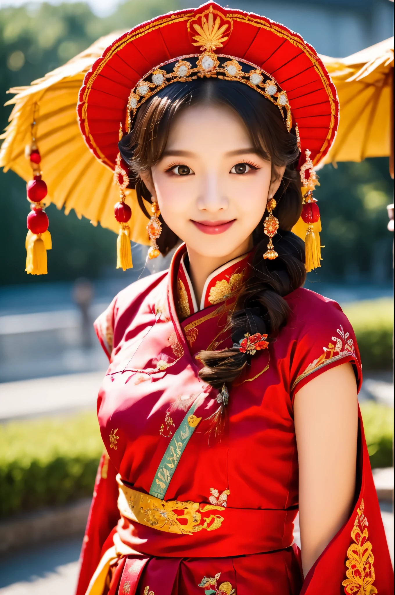 (8k, RAW Photo, Best Quality, Masterpiece: 1.2), (Realistic, Realistic: 1.37), 1 Girl, Woman in Red Dress and Headdress Posing for Photo, Gorgeous Role Play, Beautiful Costume, Chinese Dress, Complex Dress, Complex Costume, Traditional Beauty, Gorgeous Japanese Model, Chinese Costume, Wearing Gorgeous Costume, Wearing Elegant Chinese Xiuhe Dress, Chinese Wedding Dress, Phoenix Crown Xia Hanging, Antique Bride, Xiuhe Costume, Close Up, Wearing Phoenix Crown, Smile, No Watermark, Dragon and phoenix embroidered dress