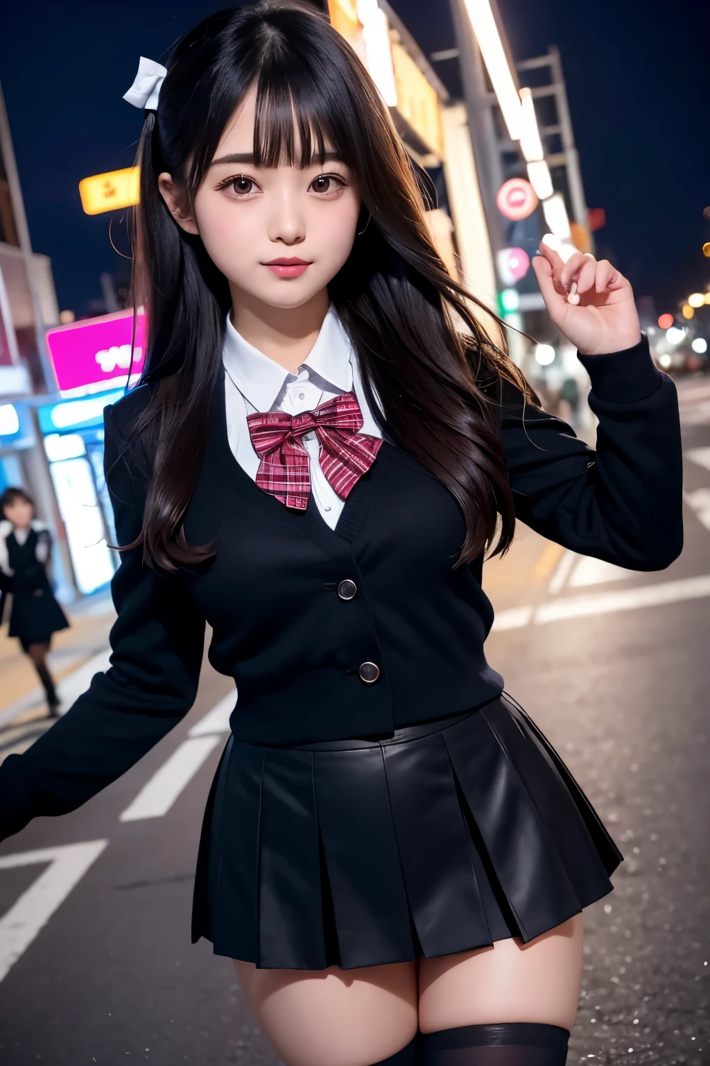 low angle shot、big breasts、Shoes are visible、super treet snap、tall, A baby-faced gal woman wearing a short skirt and bow tie is standing in a neon street at night、high school student、Thin calf、japanese girl、Winter clothes、Wearing Japanese school uniform、Japanese school black uniform、Wearing a surreal high school uniform、girl in uniform、Wearing a dark blue uniform、Full body Esbian、(micro mini skirt)、Plump thighs、She wears black tights that show her skin、leather shoes、Japanese high school 、Nogizaka Idol、inviting eyes