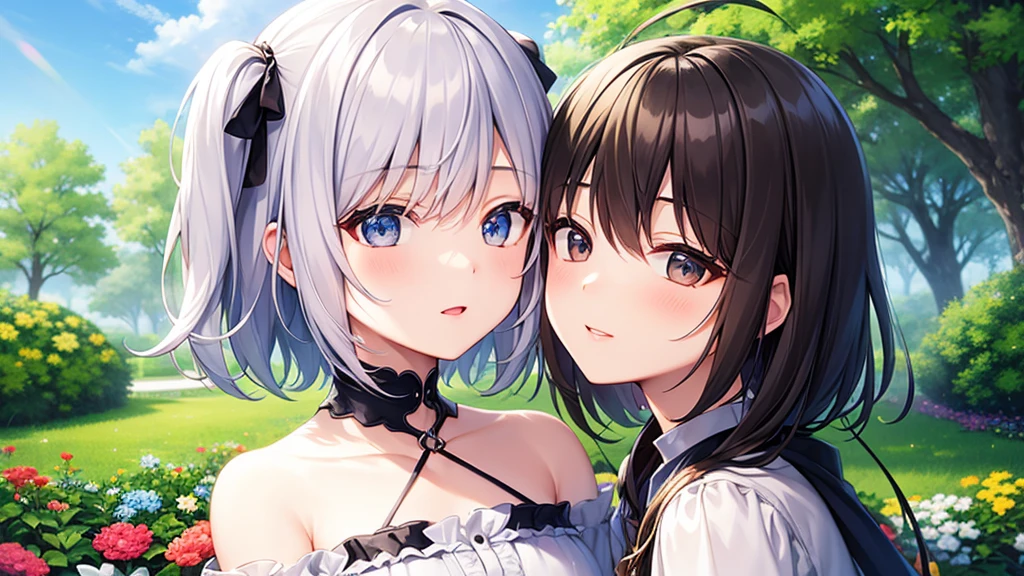 super high quality, with a girl, 20-year-old, very short hair, long bangs between the eyes, gray eyes , blue sky, sunlight, very detailed,(masterpiece、highest quality)、alone、gray hair、fantasy, silver hair, black eye, beautiful eyes,, ecstasy, charm, be smitten with audience, fantasyな風景、flower garden、white clothes、Princess、kiss face