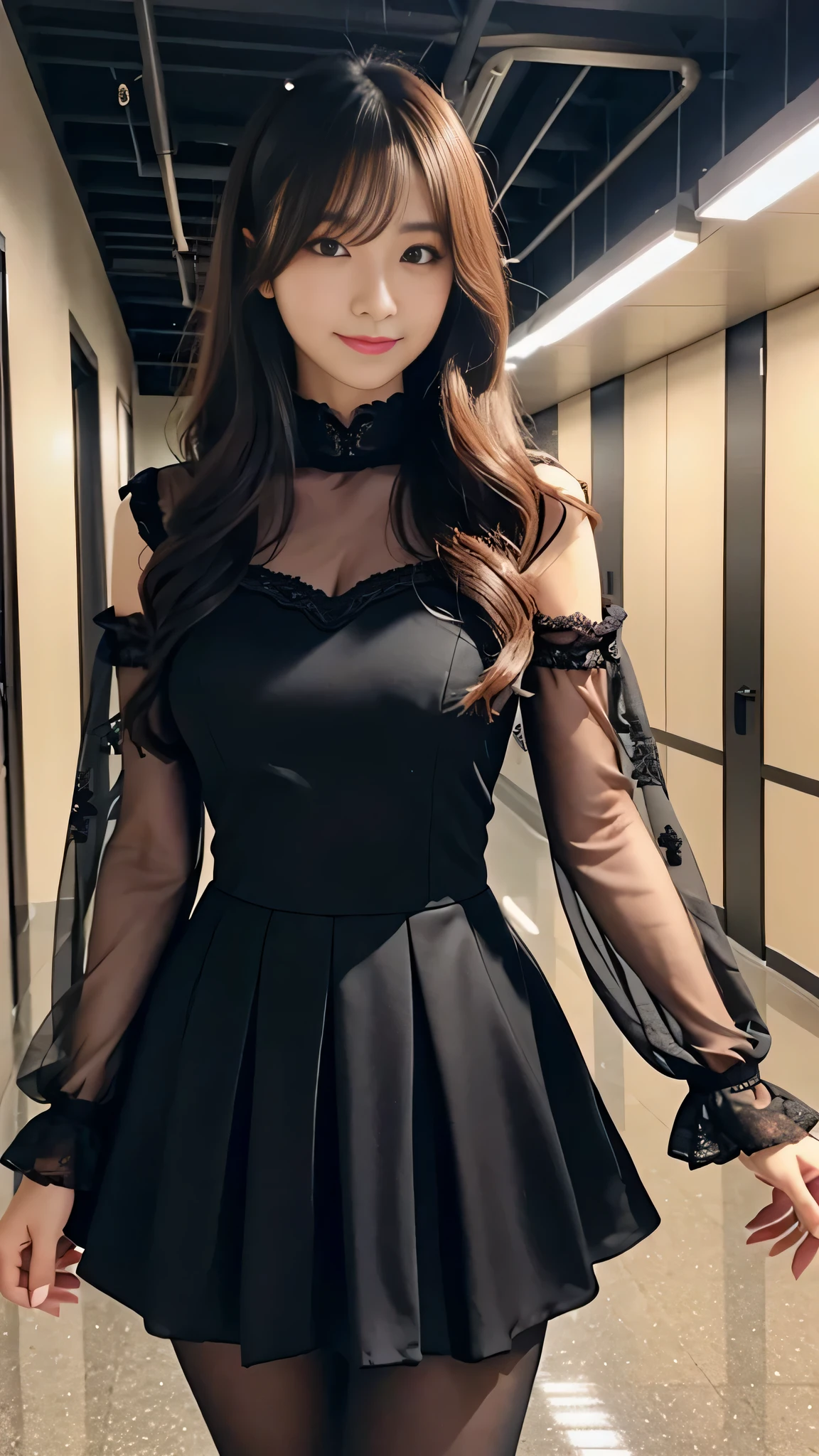 Super detailed、japanese woman、wearing a lace insert dress、flare skirt、charming beauty、seductive adult woman、Dainty woman、clear eyes、cool girl、wavy hair、suit、Black chiffon、wide sleeve、pantyhose、shiny legs、evilの幹部、evil depravity、brainwashing、Mind control、Have lipstick、grin and laugh、邪evilなな表情、evil、empty eyes、邪evilな、High school hallway at night、