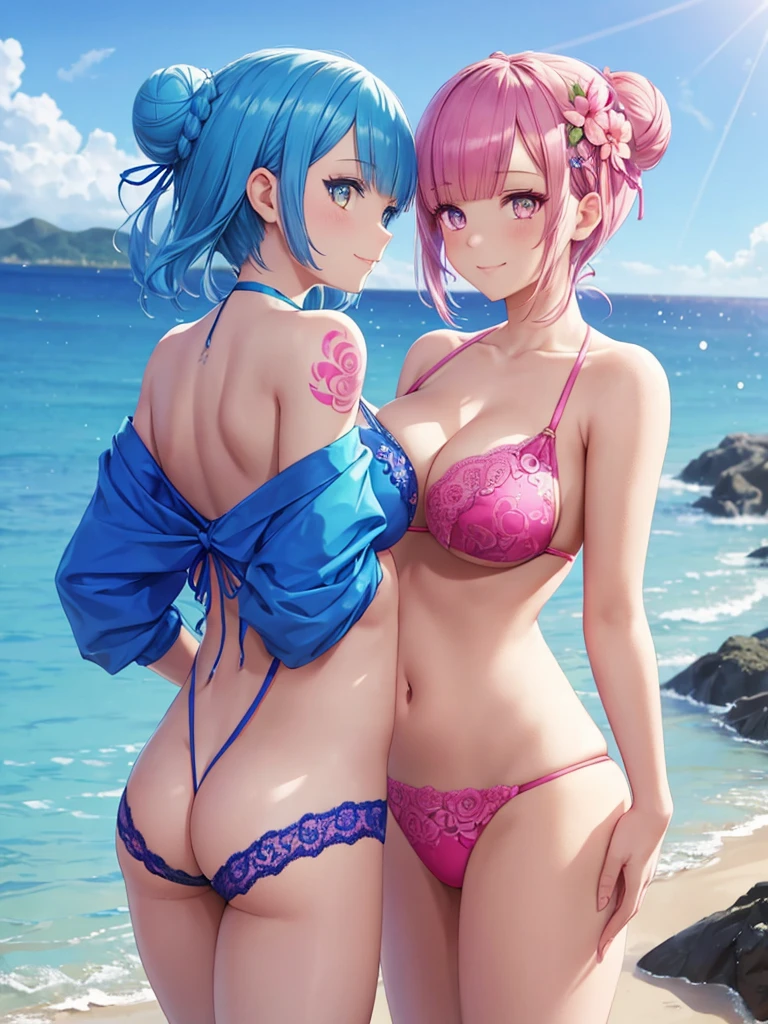 (high quality),Re:zero,(2 girls(One has blue hair,One has pink hair),short hair,blue and yellow eyes,very beautiful girl), frontal pose,back view, cute, shy, detailed hairstyle, lace detail, garter belt, walk, play, Rainbow Bikini, beach background, dark makeup, tattoo, Beautiful buttocks,Tattoo on the back, Flower details and back bun, modest smile, fine eyes, intricate details, octane rendering, 8K