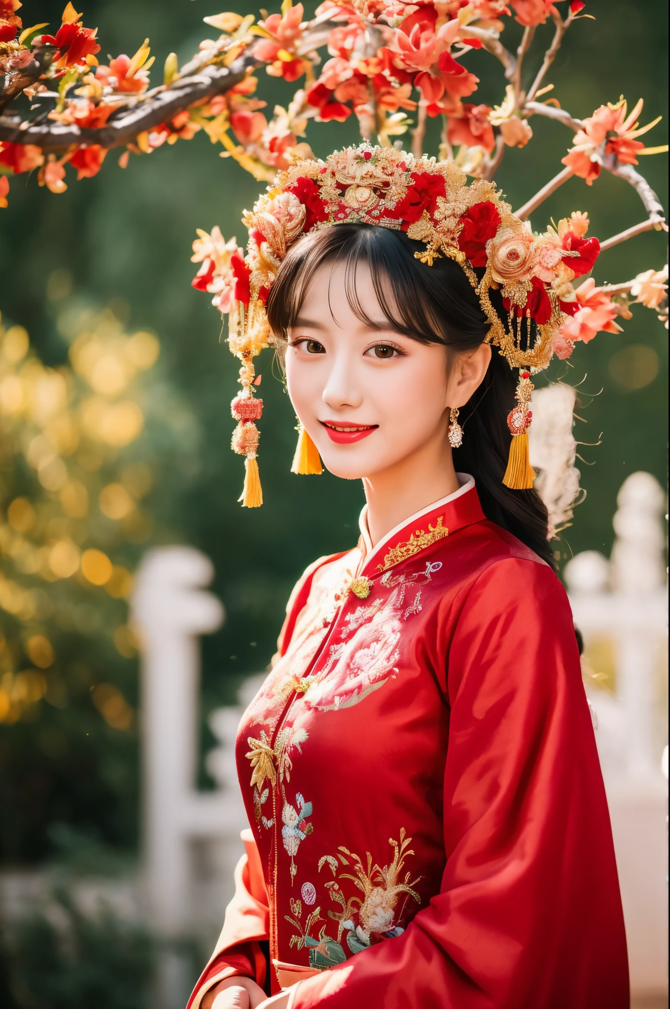 (8k, RAW Photo, Best Quality, Masterpiece: 1.2), (Realistic, Realistic: 1.37), 1 Girl, Woman in Red Dress and Headdress Posing for Photo, Gorgeous Role Play, Beautiful Costume, Chinese Dress, Complex Dress, Complex Costume, Traditional Beauty, Gorgeous Japanese Model, Chinese Costume, Wearing Gorgeous Costume, Wearing Elegant Chinese Xiuhe Dress, Chinese Wedding Dress, Phoenix Crown Xia Hanging, Antique Bride, Xiuhe Costume, Close Up, Wearing Phoenix Crown, Smile, No Watermark, Dragon and phoenix embroidered dress