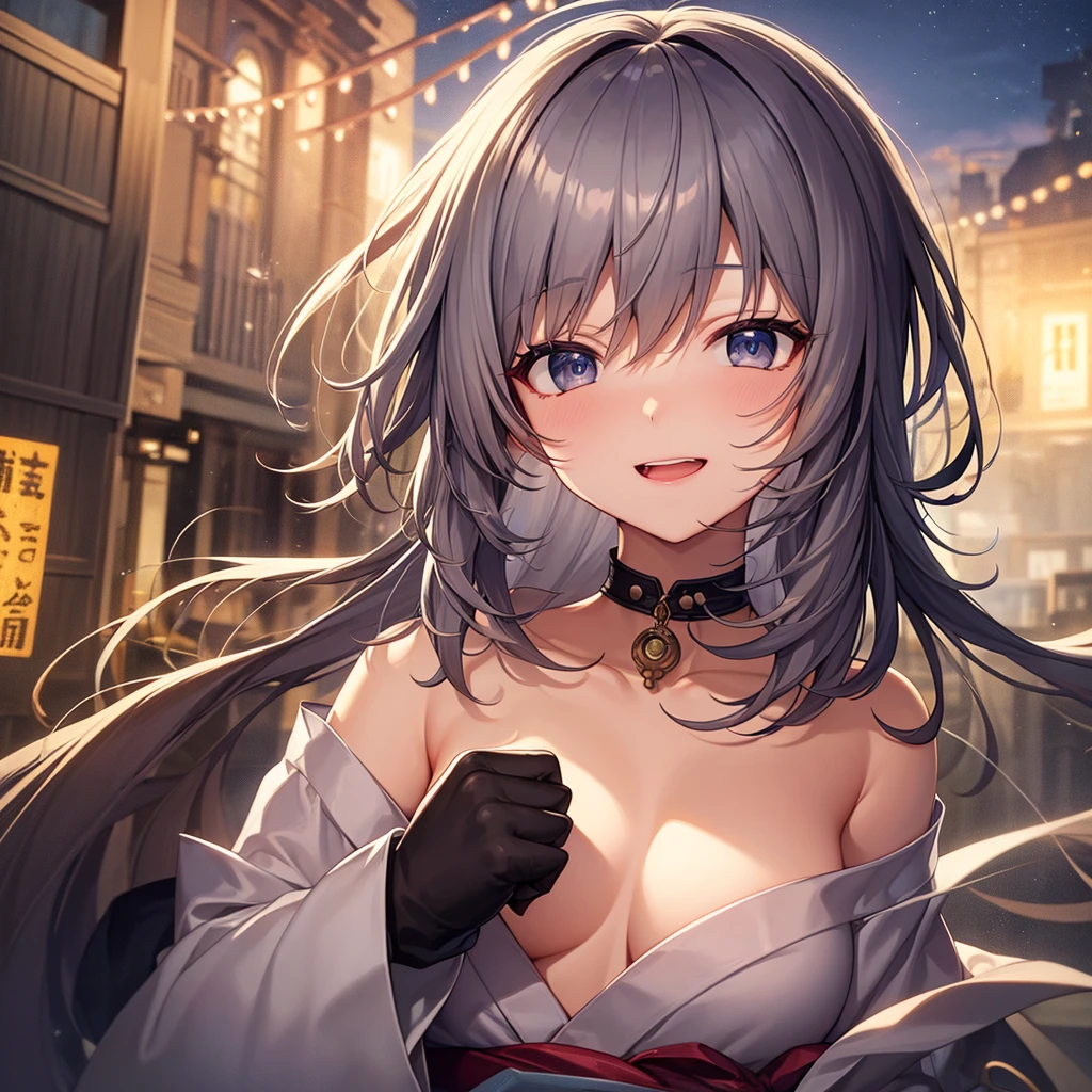 super high quality, with a girl, 20-year-old, very short hair, long bangs between the eyes, gray eyes , very detailed,(masterpiece、highest quality)、alone、gray hair、laughter、fantasy, silver hair, black eye, beautiful eyes,, ecstasy, charm, be smitten with audience, fantasyな風景、white yukata、skyrocket、night、