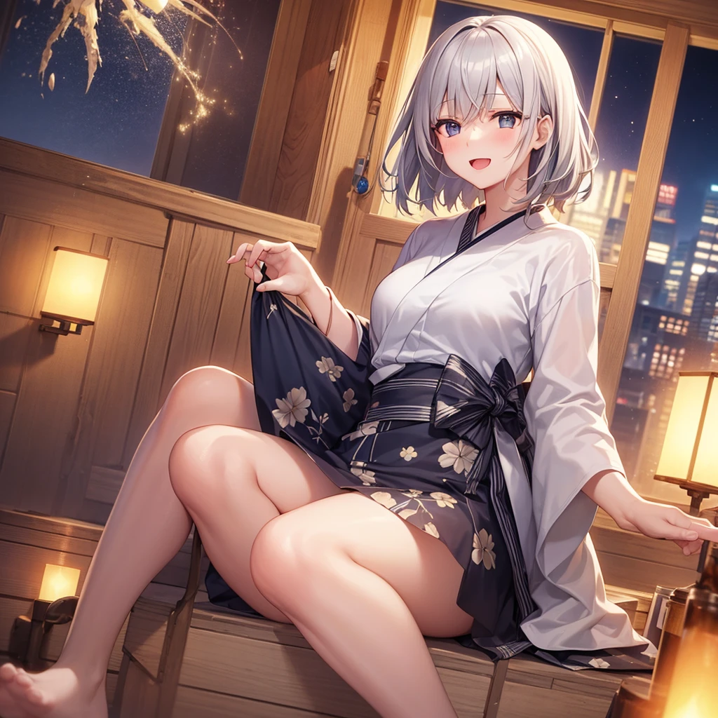super high quality, with a girl, 20-year-old, very short hair, long bangs between the eyes, gray eyes , very detailed,(masterpiece、highest quality)、alone、gray hair、laughter、fantasy, silver hair, black eye, beautiful eyes,, ecstasy, charm, be smitten with audience, fantasyな風景、white yukata、skyrocket、night、