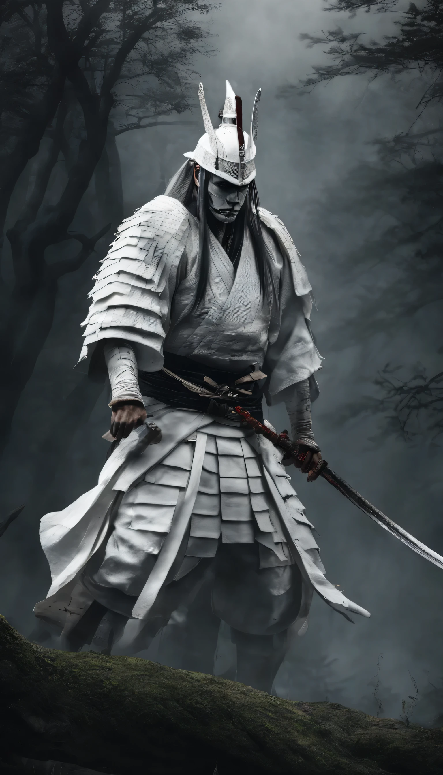 (highest quality,4K,8K,High resolution,masterpiece:1.2),Super detailed,(realistic,realistic,realistic:1.37)、Samurai of feudal Japan in the Sengoku period, (samurai in white costume:1.5), It exudes a strong sense of intimidation,knife、Dimly lit forest、long hair、gray hair