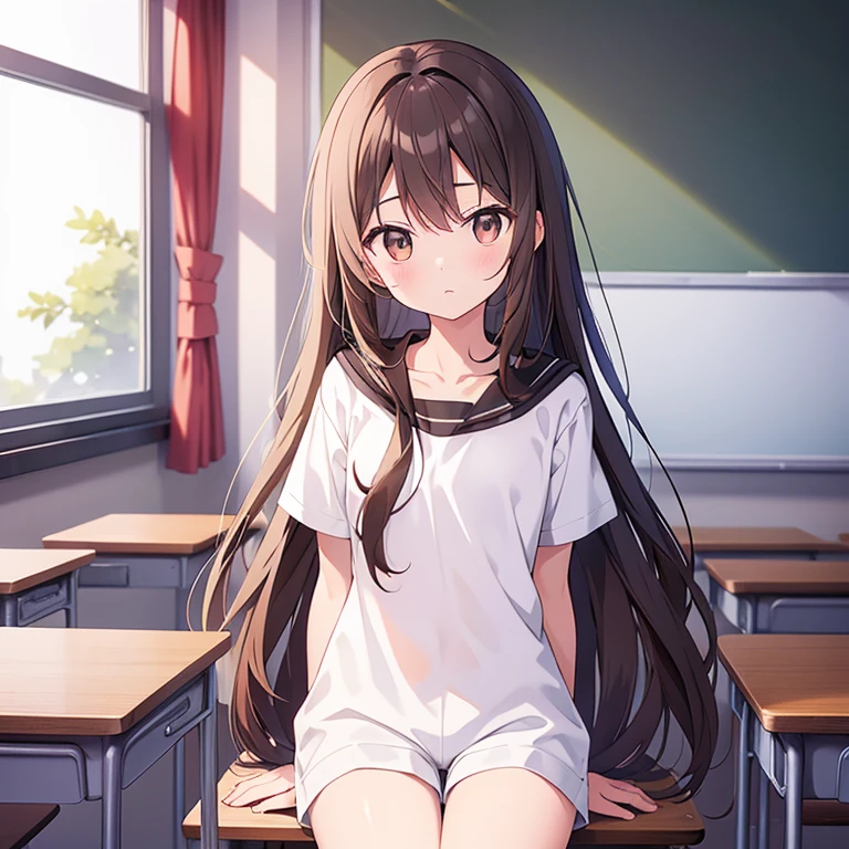 20 years old、flat chest、Height 165 cm、Long brown hair、Black short sleeves、White shorts、White coat、classroom、sit next to、Turn around and look at the camera