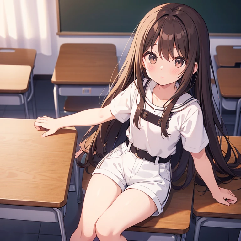 20 years old、flat chest、Height 165 cm、Long brown hair、Black short sleeves、White shorts、White coat、classroom、sit next to、Turn around and look at the camera