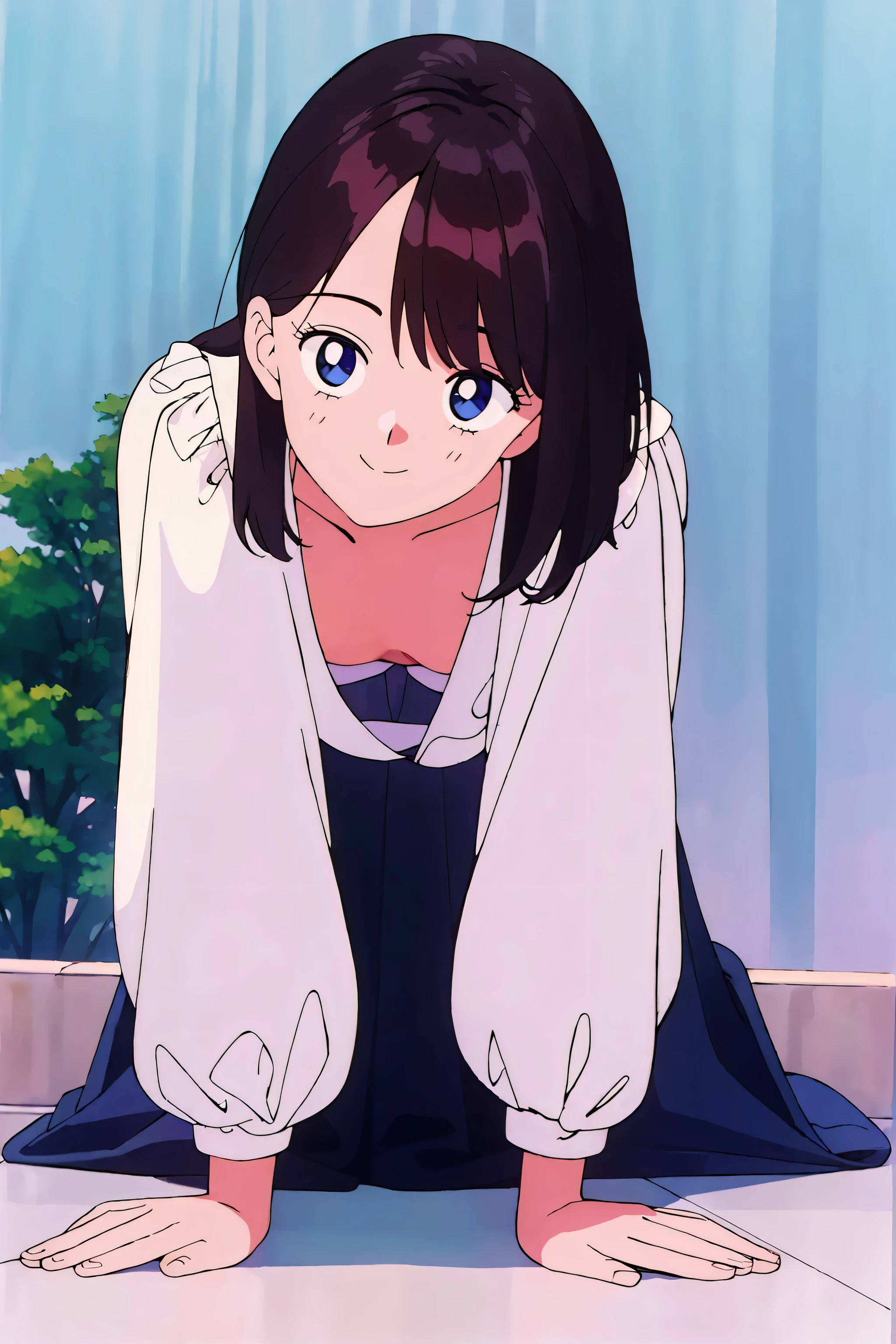 1 girl, alone, In-person viewers, looking at the viewer, Upper body, smile, ((((on all fours)))), ((down blouse)), MIMETE,